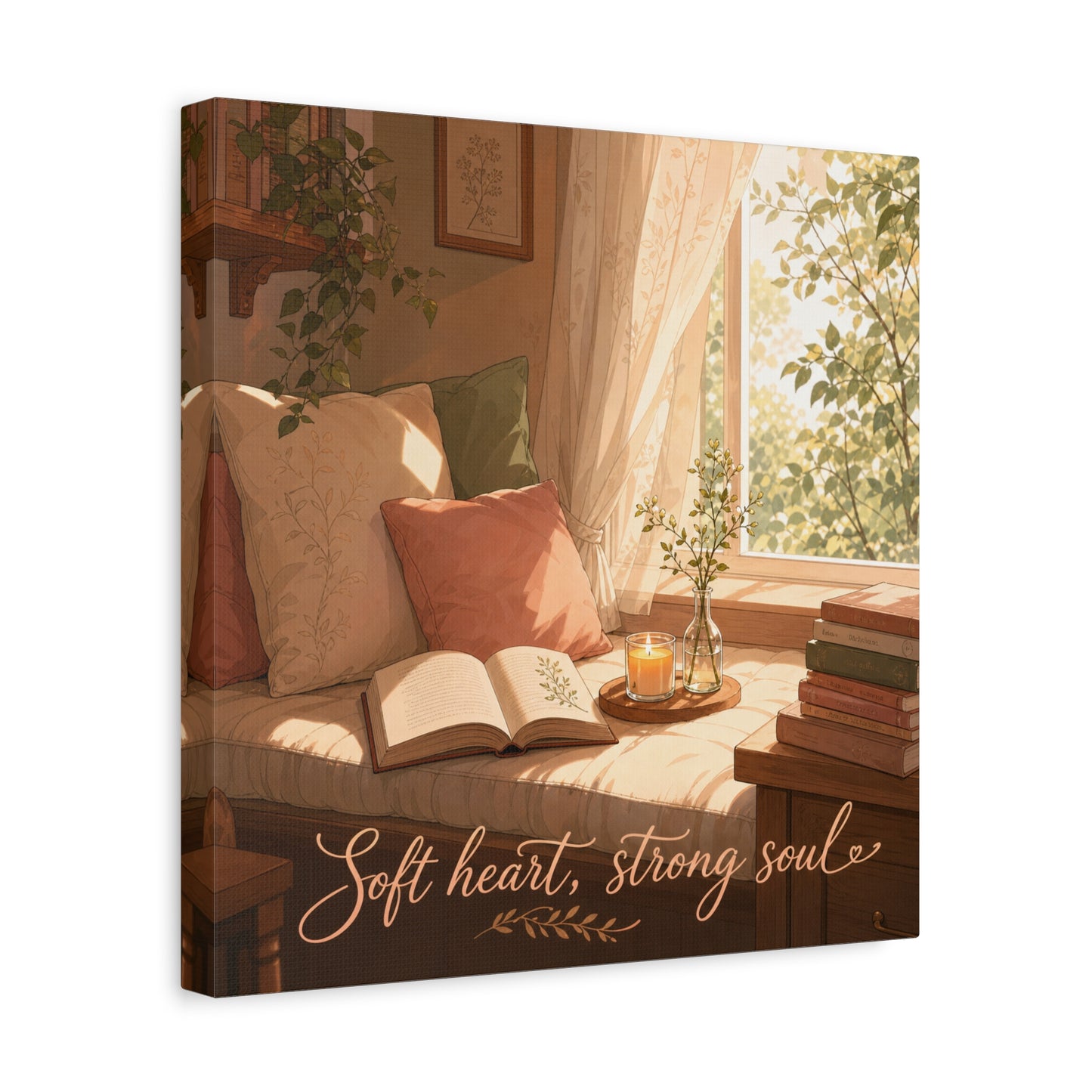 "Soft Heart, Strong Soul" Reading Nook Canvas Wall Art - Sunlit Window Seat, Books, Candle, Botanical Bedroom Decor - Cozy Cottagecore Style - Living Room Wall Decor - Bedroom Home Decoration
