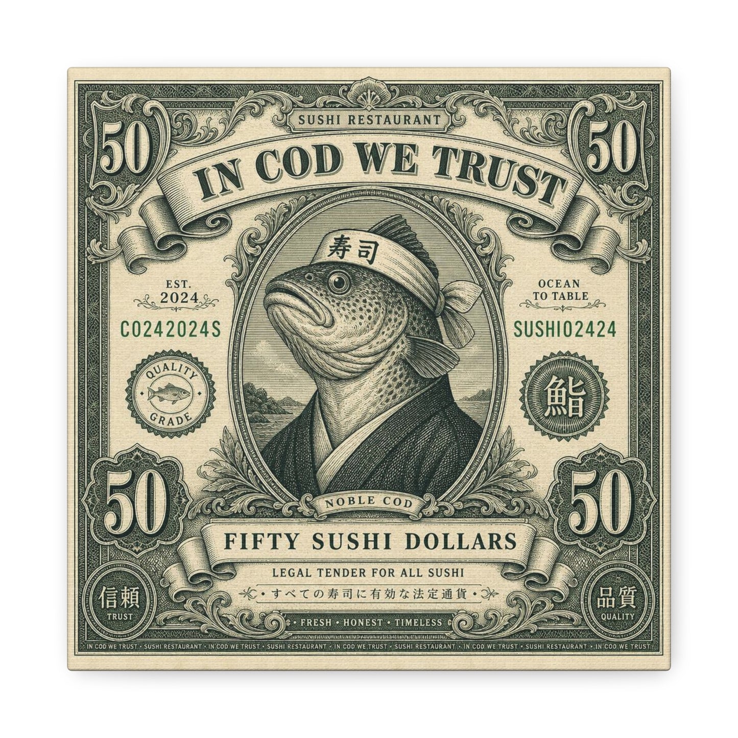 "In Cod We Trust" Sushi Restaurant Canvas Wall Art - Vintage Money Bill Fish Illustration, Typography Poster Style, Cotton Canvas Print, Cafe Decor, Dining Room Accent, Office Art - Ready to Hang