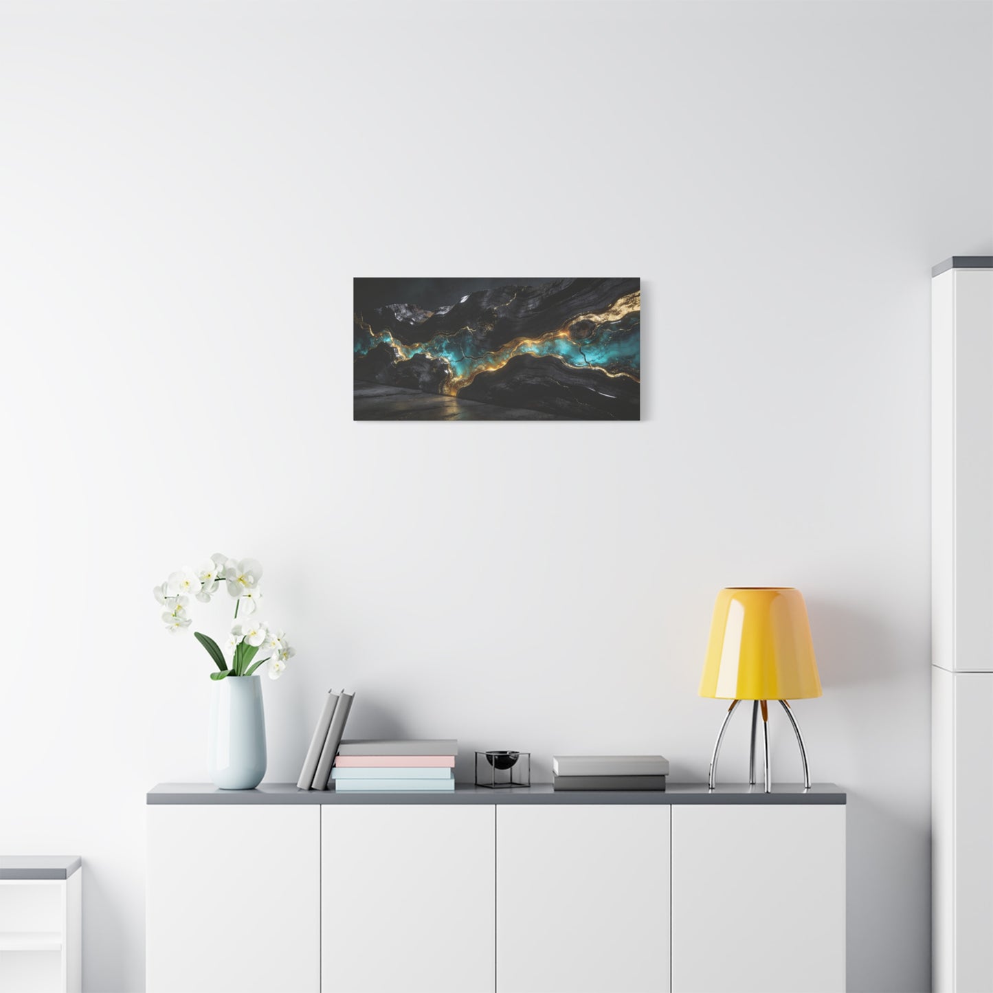 Abstract Black Gold Teal Canvas Wall Art - Modern Geode Marble Flow Design - Matte Cotton Art Print - Contemporary Living Room Wall Decor, Office Wall Art, Bedroom Decoration - Bedroom Home Decoration