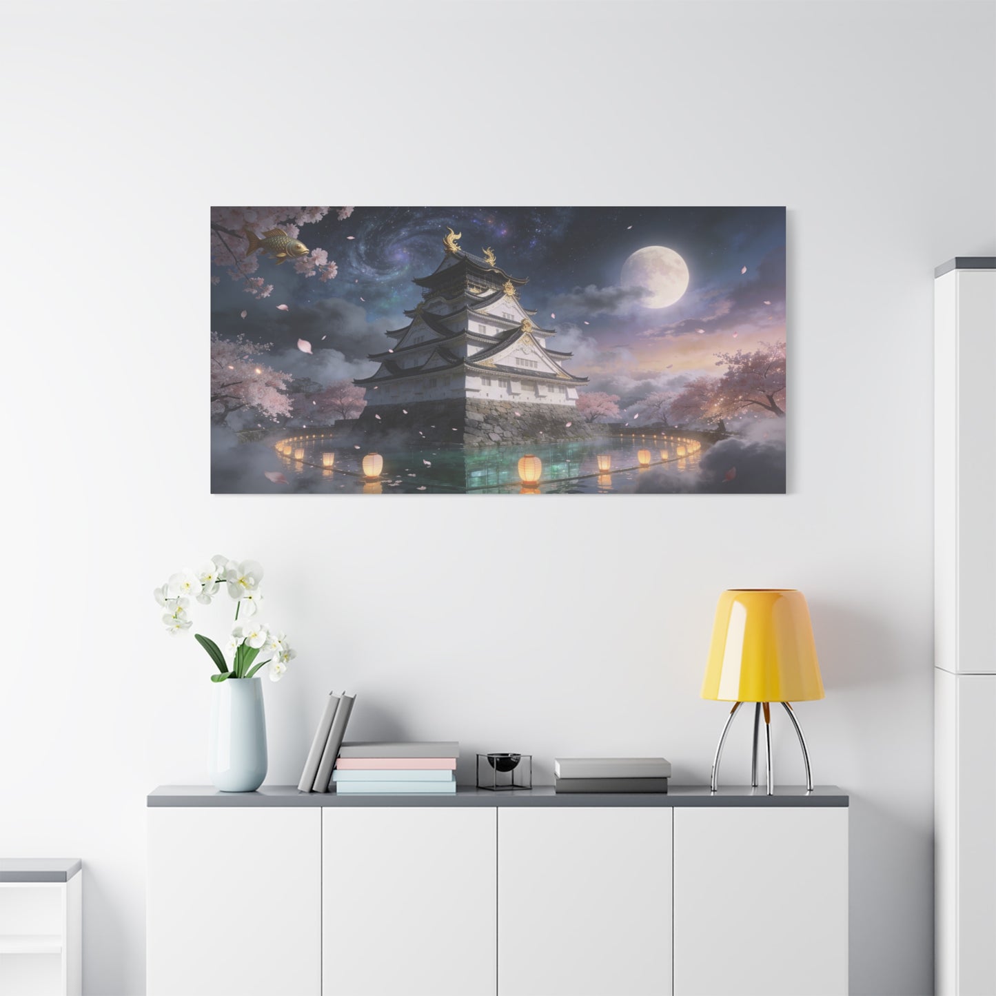 Japanese Castle Canvas Wall Art - Moonlit Cherry Blossom Pagoda, Floating Koi, Fantasy Night Sky - Matte Cotton Art Print - Contemporary Landscape Style For Living Room Wall Decor - Ready to Hang