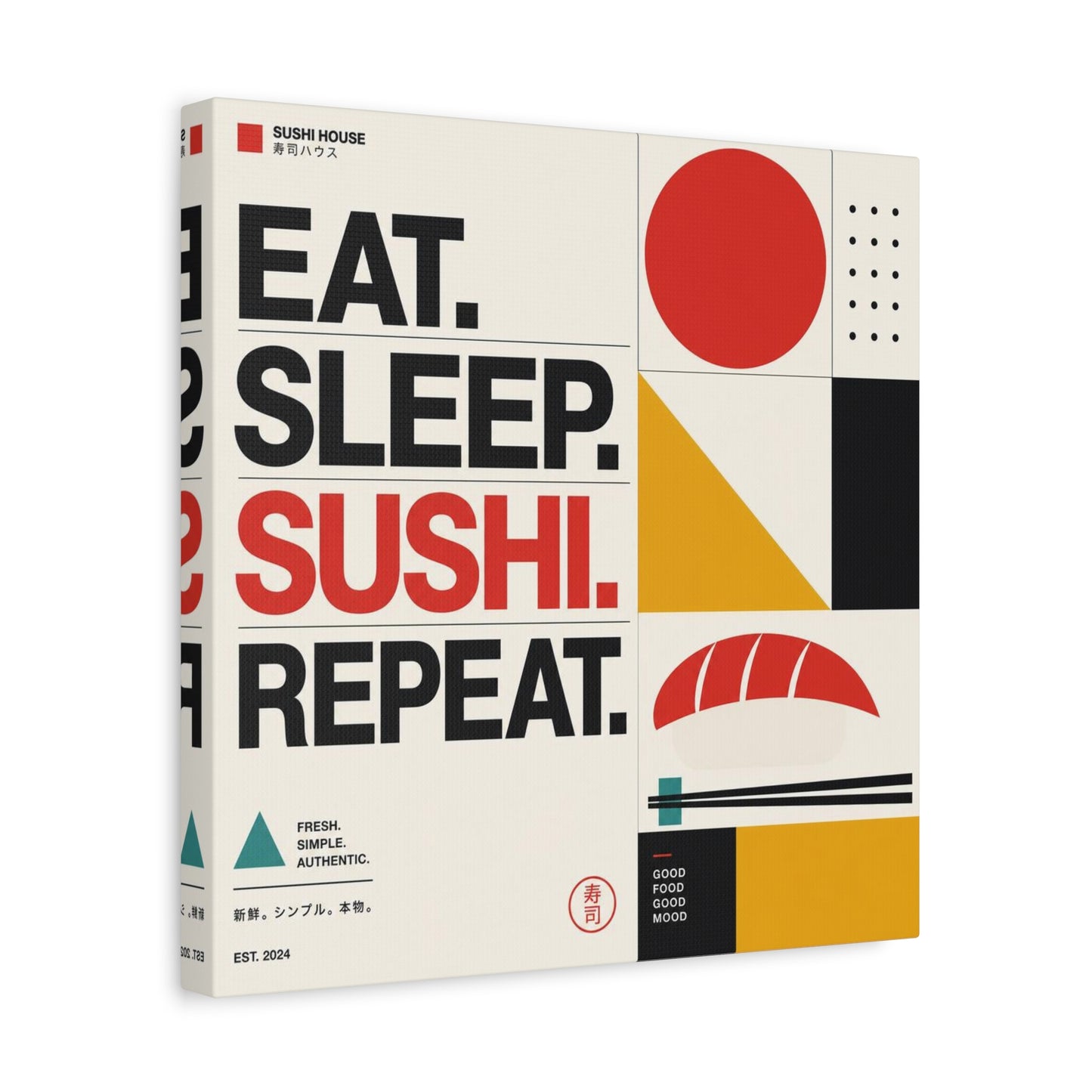 "Eat. Sleep. Sushi. Repeat." Sushi Canvas Wall Art - Japanese Typography Print, Geometric Food Poster Design - Modern Minimalist Cotton Canvas - Cafe Decor, Kitchen Accent, Dining Room Artwork