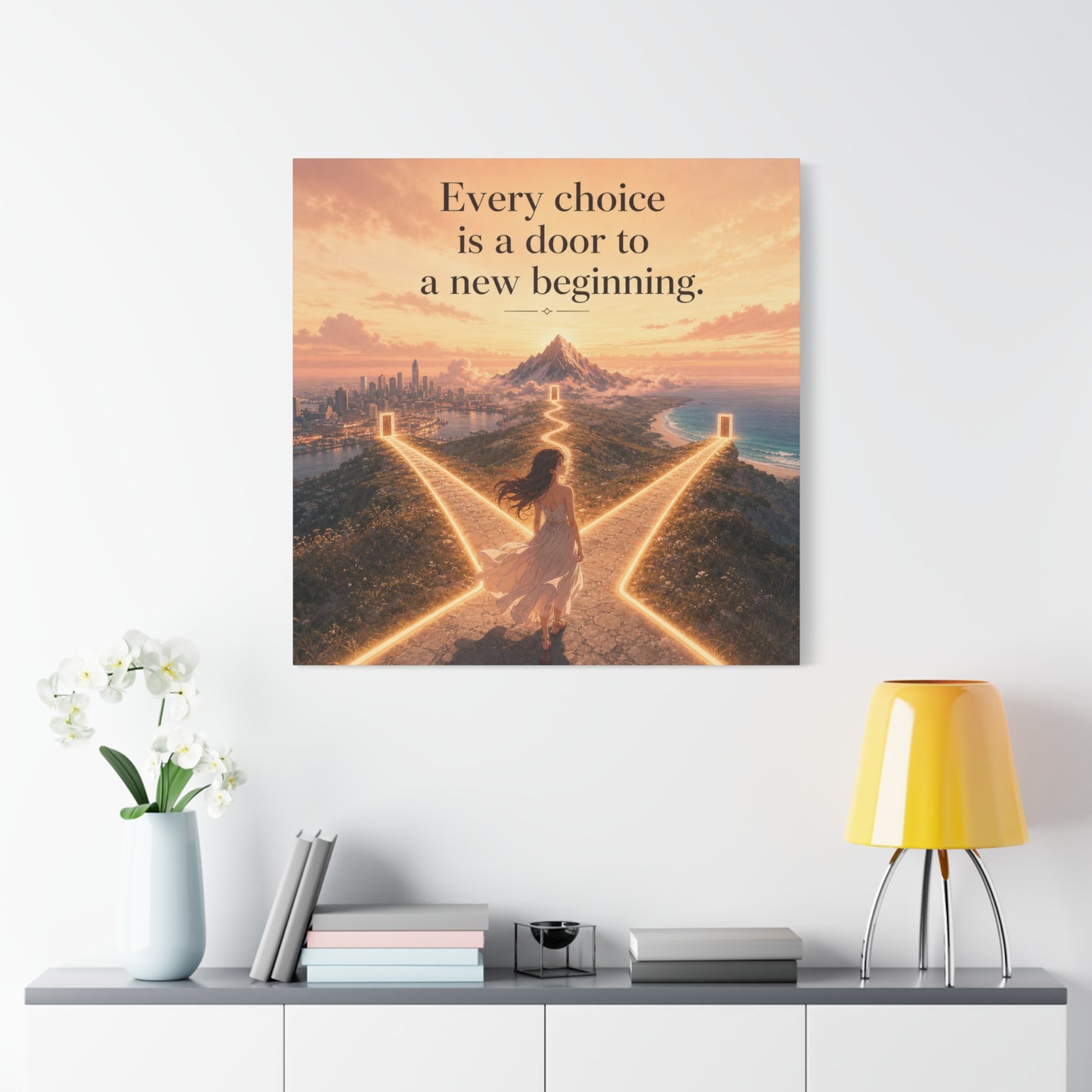 "Every Choice Is A Door To A New Beginning." Inspirational Canvas Wall Art - Woman At Glowing Crossroads Path, Mountain And Coast Dreamscape - Modern Typography Decor For Bedroom Office
