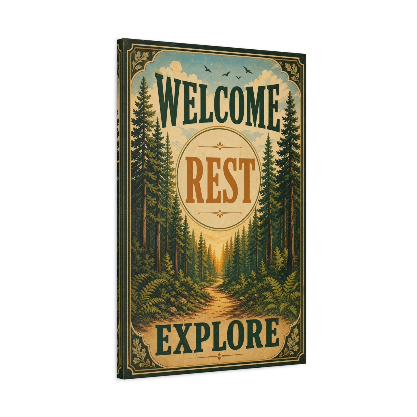 "Welcome Rest Explore" Forest Canvas Art Print - Vintage Pine Path Landscape Decor - Rustic Cabin Style, Nature Home Accent, Entryway Decoration, Lodge Interior Piece - Living Room Wall Decor