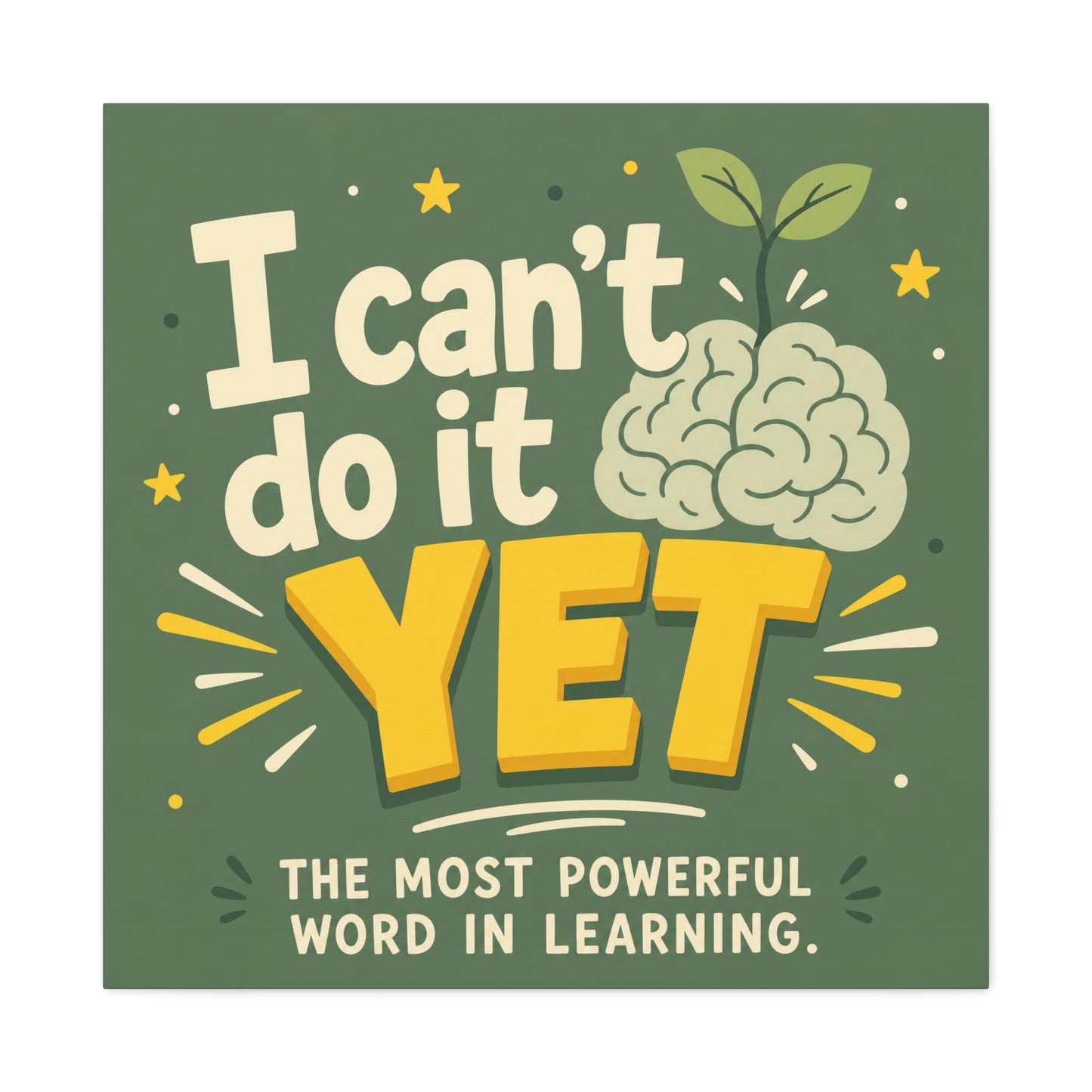 "I Can't Do It Yet" Motivational Canvas Wall Art - Growth Mindset Quote Print, Classroom Decor, Green Typography Poster, Teacher Office Wall Decor, Kids Study Room Decoration - Bedroom Home Decoration