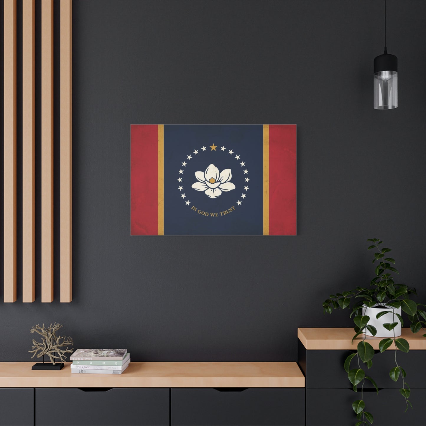"In God We Trust" Mississippi State Flag Canvas Wall Art - Magnolia Emblem, Vintage Patriotic Decor - Rustic Americana Style - Living Room Wall Decor - Ready to Hang - Bedroom Home Decoration
