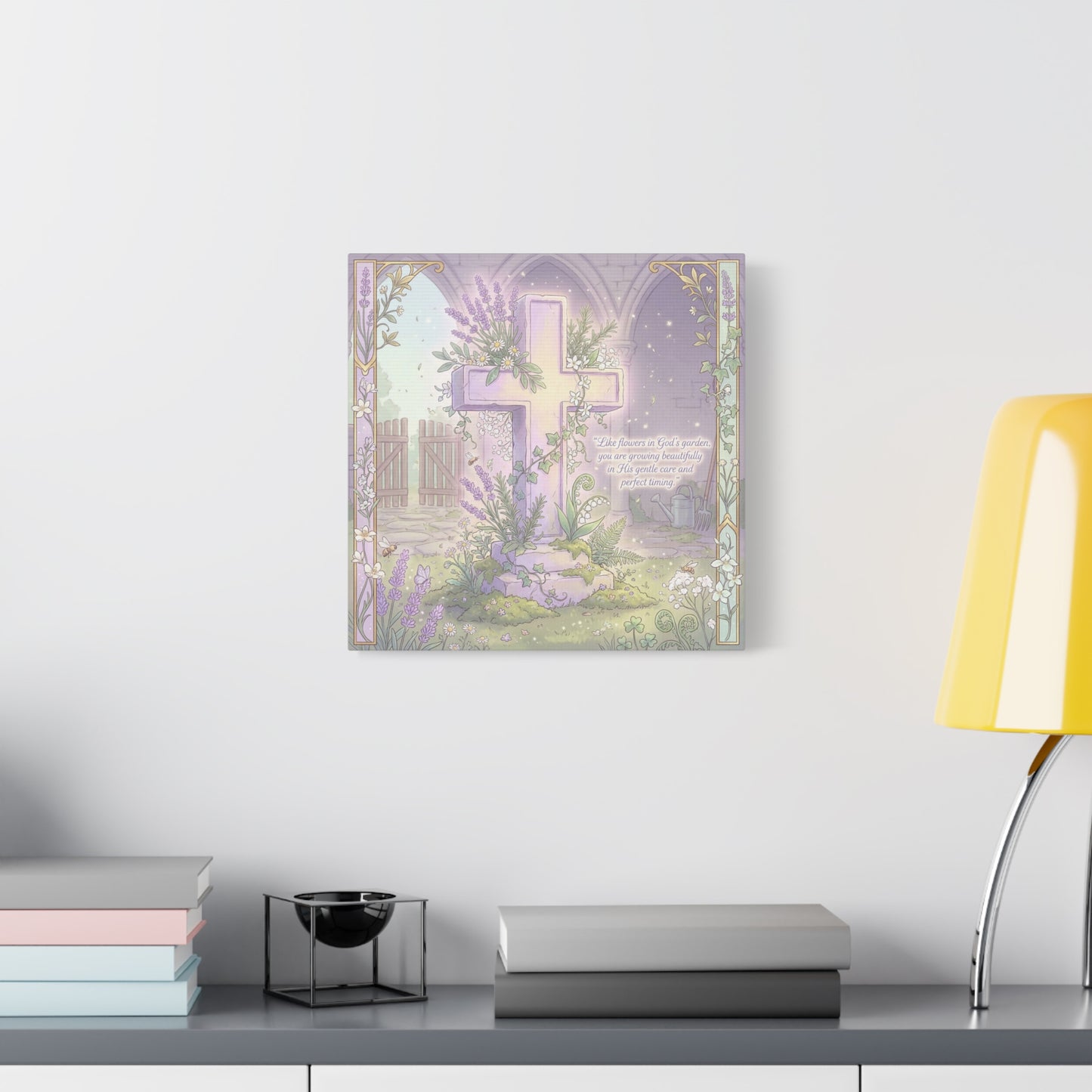 "Like Flowers In God's Garden, You Are Growing Beautifully" Christian Canvas Wall Art - Floral Cross Scripture Decor - Lavender Garden Illustration - Bedroom Home Decoration, Living Room Accent