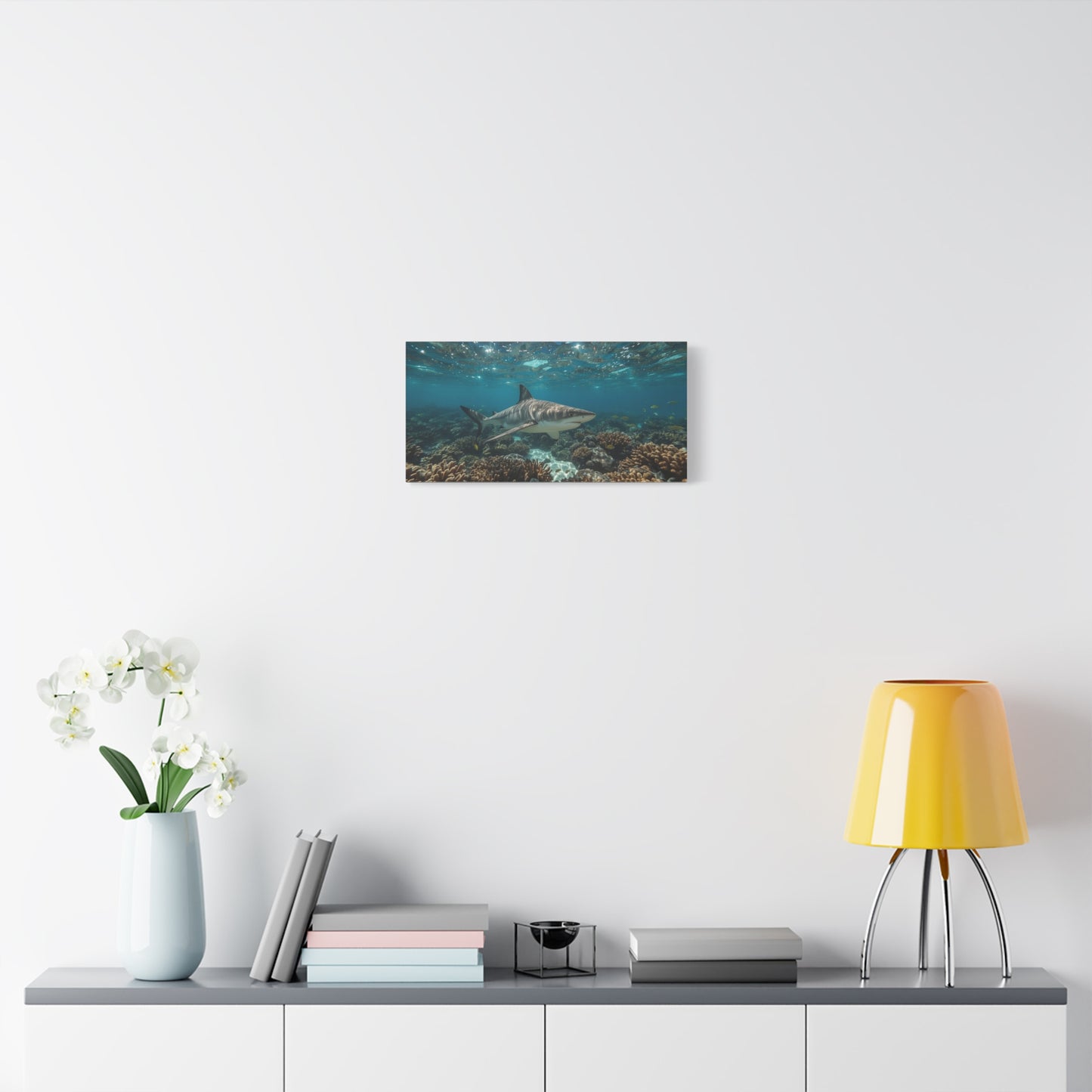 Tiger Shark Canvas Wall Art - Underwater Coral Reef Ocean Art Print, Blue Coastal Wall Decor - Matte Canvas Seascape - Living Room Home Decoration, Office Art - Bedroom Home Decoration