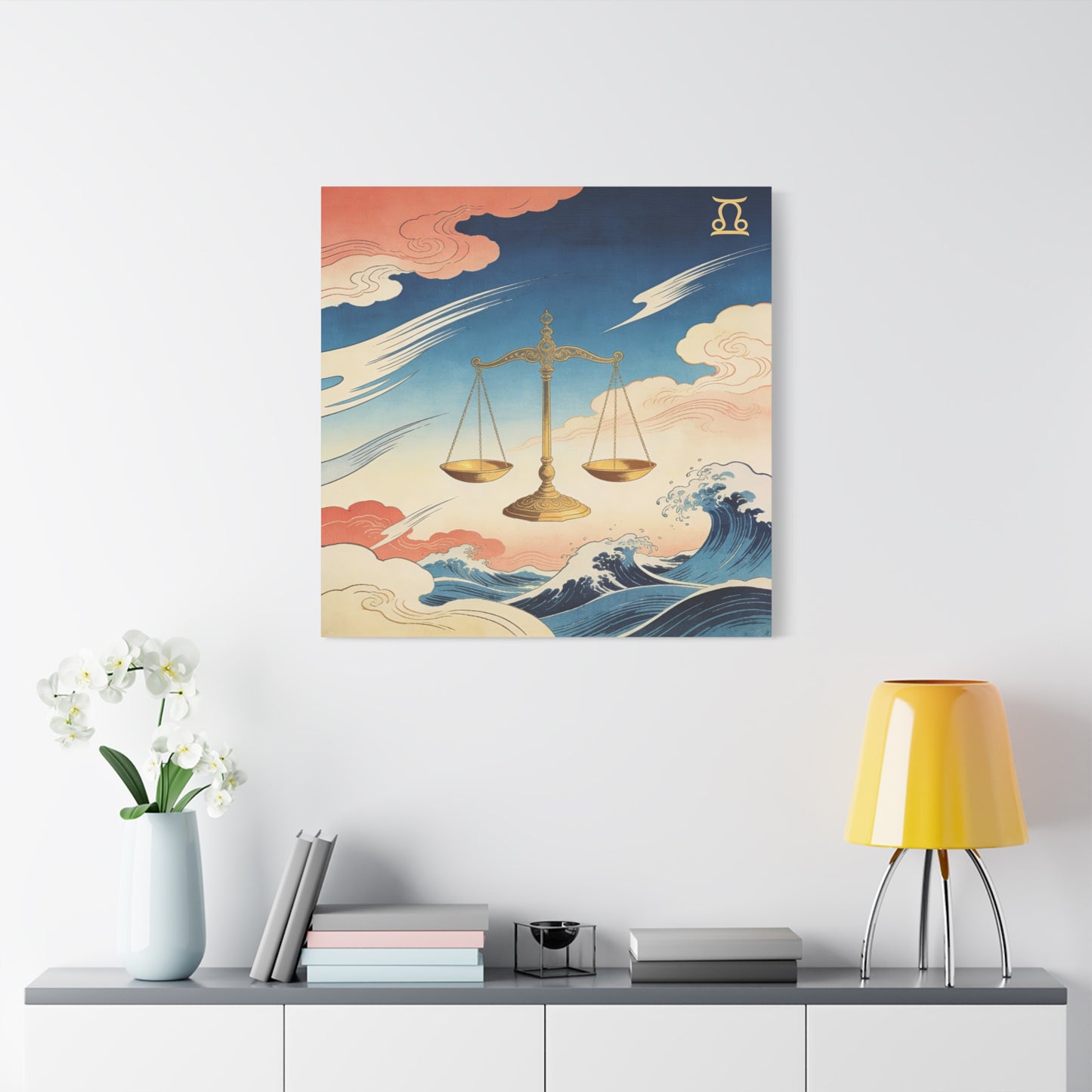 Libra Zodiac Canvas Wall Decor - Vintage Japanese Wave Scales Illustration - Celestial Astrology Print, Gold Balance Symbol, Traditional Style, Bedroom Home Decoration - Living Room Wall Decor