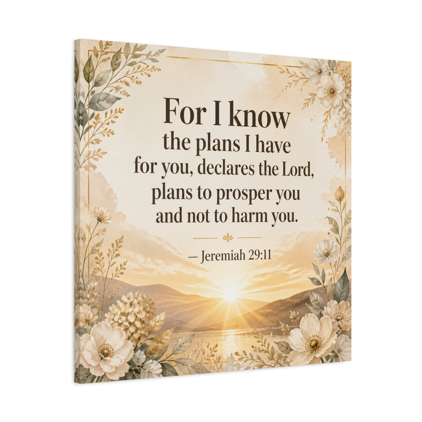 "For I Know The Plans I Have For You" Bible Verse Canvas Wall Art - Jeremiah 29:11 Floral Scripture Print, Gold Sunrise Landscape, Christian Wall Decor For Bedroom, Living Room - Ready to Hang