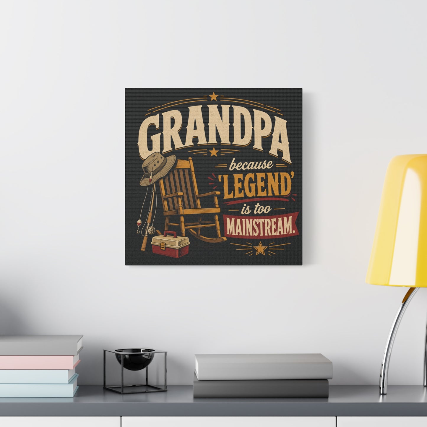 "Grandpa Because 'Legend' Is Too Mainstream" Canvas Wall Art - Vintage Fishing Rocking Chair Print - Rustic Typography Decor - Living Room Wall Decor - Ready to Hang - Bedroom Home Decoration