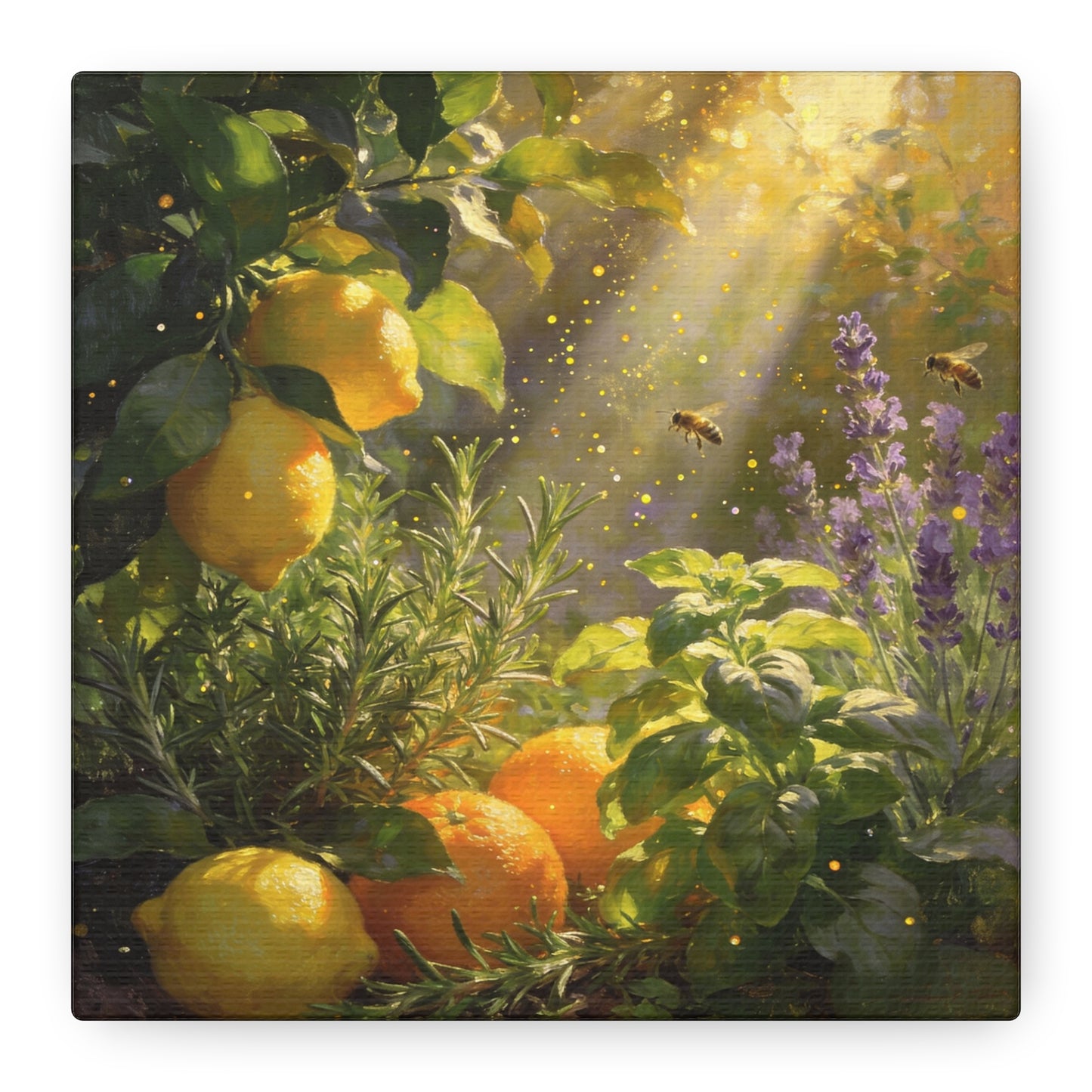 Lemon Herb Garden Canvas Wall Art - Bees, Lavender, Rosemary, Sunlit Botanical Painting - Matte Cotton Print, Rustic Farmhouse Style - Kitchen Wall Decor, Dining Room Accent - Bedroom Home Decoration