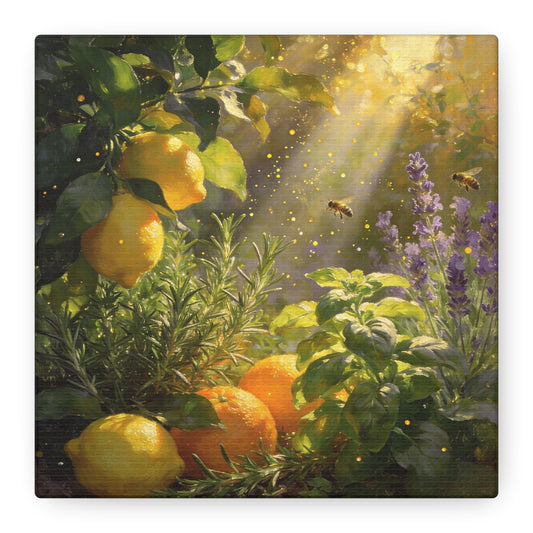 Lemon Herb Garden Canvas Wall Art - Bees, Lavender, Rosemary, Sunlit Botanical Painting - Matte Cotton Print, Rustic Farmhouse Style - Kitchen Wall Decor, Dining Room Accent - Bedroom Home Decoration