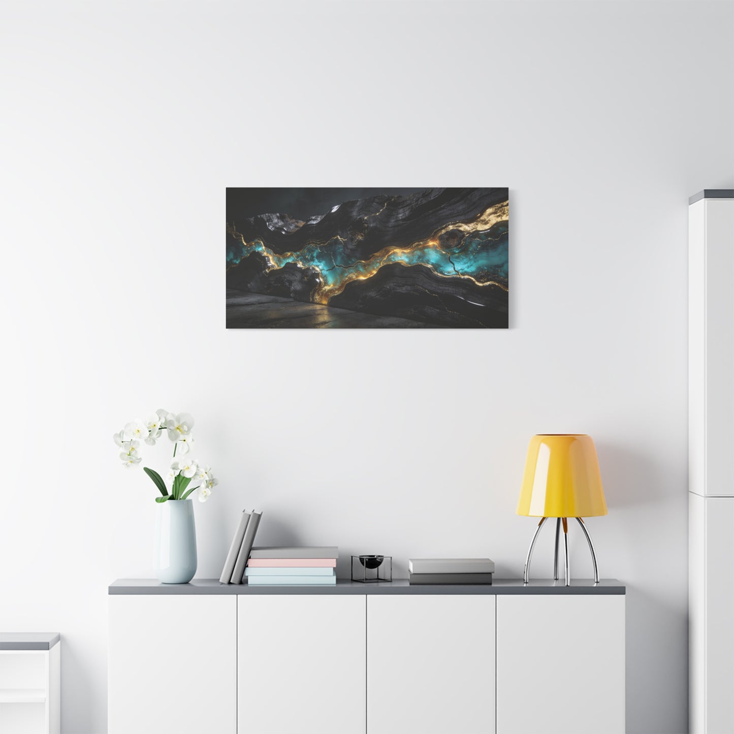 Abstract Black Gold Teal Canvas Wall Art - Modern Geode Marble Flow Design - Matte Cotton Art Print - Contemporary Living Room Wall Decor, Office Wall Art, Bedroom Decoration - Bedroom Home Decoration