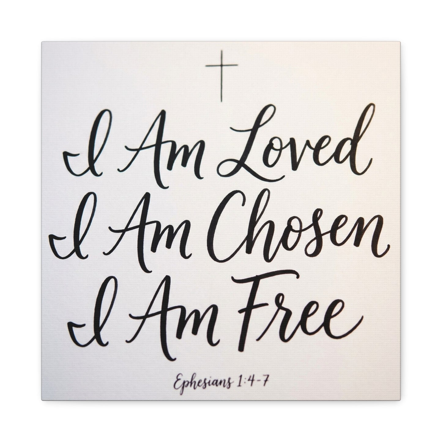 "I Am Loved, Chosen, Free" Christian Canvas Wall Art - Ephesians 1:4-7 Scripture Cross Print - Neutral Typography Decor - Bedroom Home Decoration, Living Room Wall Decor - Ready to Hang