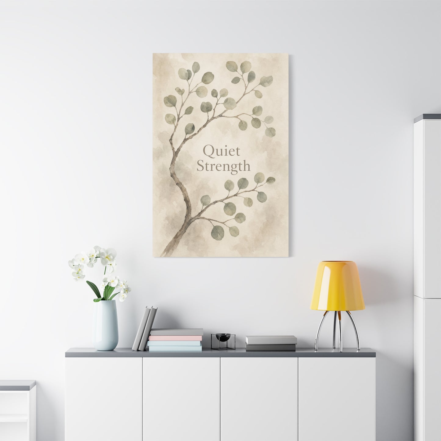"Quiet Strength" Botanical Canvas Wall Art - Minimalist Sage Leaf Branch Print - Neutral Inspirational Wall Decor - Bedroom Home Decoration, Living Room Accent - Bedroom Home Decoration
