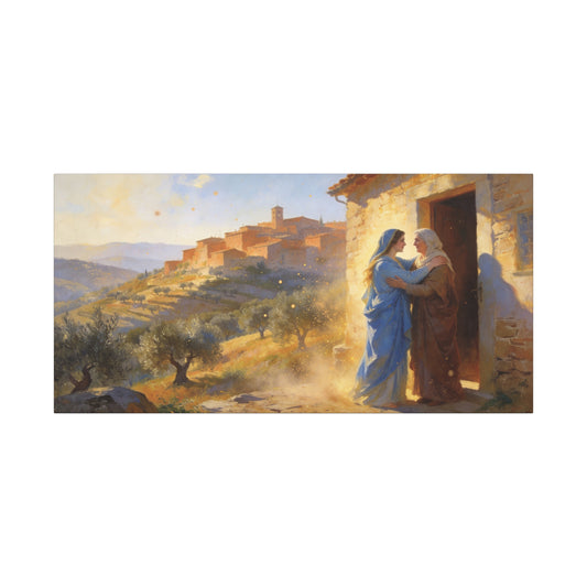 Virgin Mary Visitation Canvas Wall Art - Religious Biblical Village Scene, Golden Light Painting - Christian Home Decor, Traditional Style - Living Room Wall Decor Bedroom Decoration - Ready to Hang