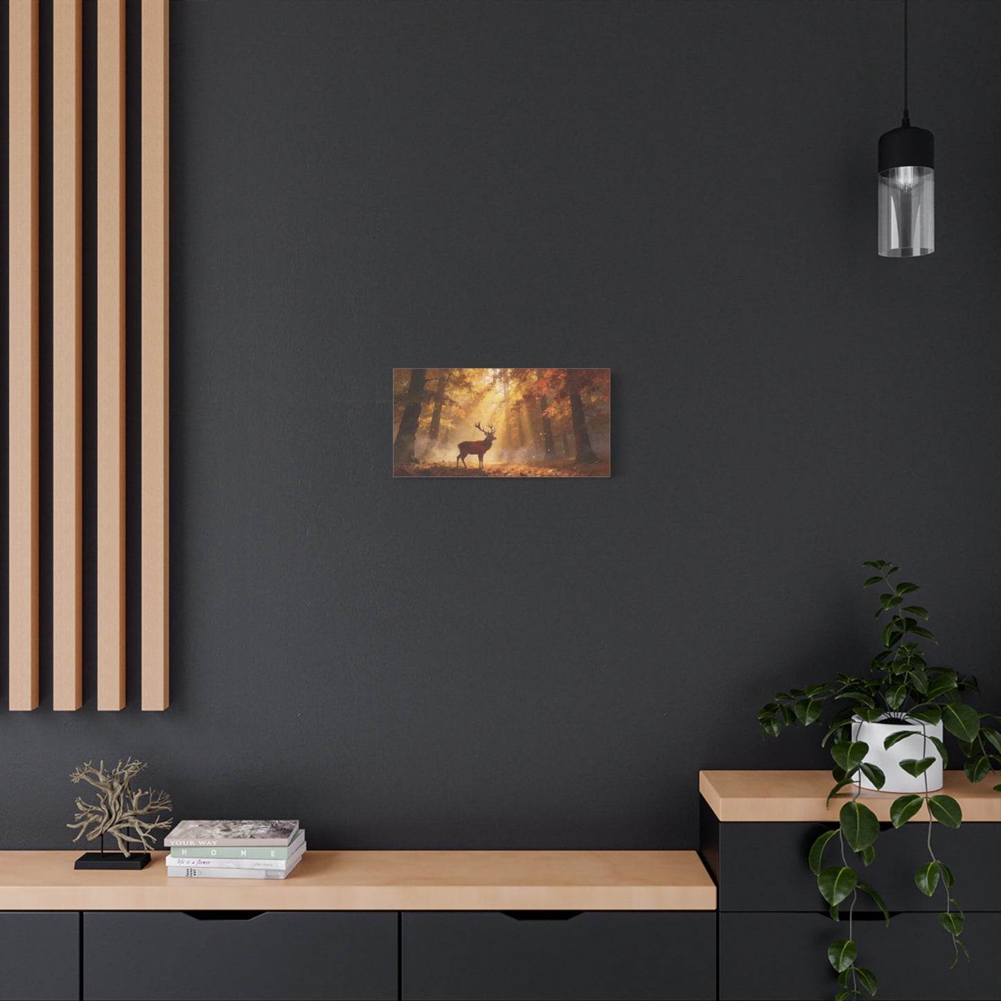 Stag Forest Canvas Wall Art - Golden Sunbeams, Misty Autumn Woodland - Matte Canvas Print - Rustic Nature Style - Living Room Wall Decor, Bedroom Home Decoration, Office Art - Bedroom Home Decoration