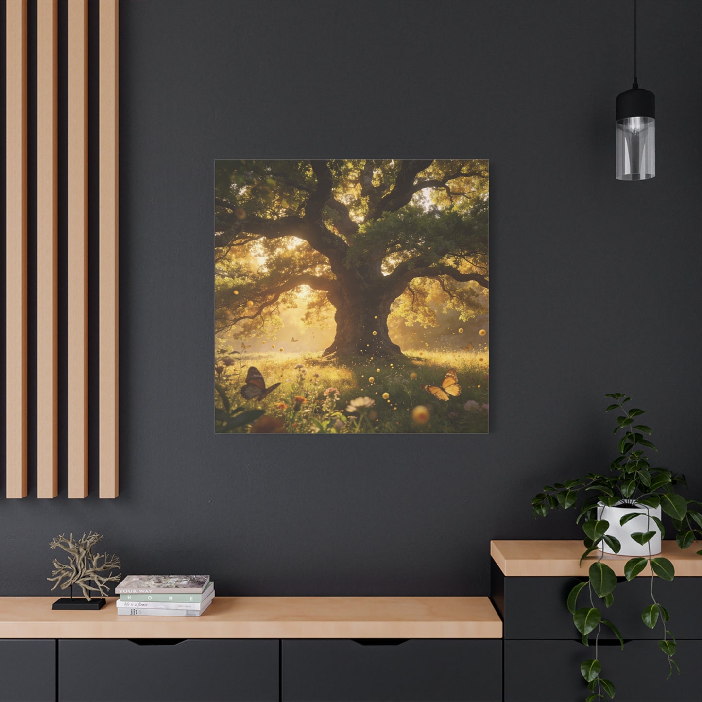Sunlit Oak Tree Canvas Wall Art - Golden Meadow Butterflies, Nature Landscape Print - Matte Cotton Art Print, Traditional Style - Living Room Wall Decor, Bedroom Home Decoration - Ready to Hang