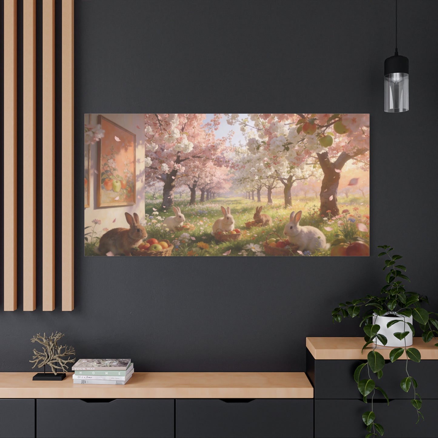 Cherry Blossom Rabbit Canvas Wall Art - Spring Orchard Bunnies, Apple Basket Meadow Scene - Matte Cotton Print, Pastel Floral Style - Bedroom Wall Decor, Nursery Home Decoration - Ready to Hang