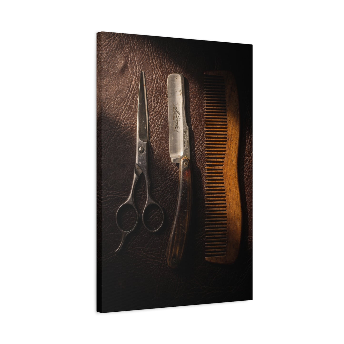 Vintage Barber Tools Canvas Wall Art - Scissors, Straight Razor, Wooden Comb Still Life - Rustic Art Print - Traditional Barbershop Decor, Salon Wall Accent, Home Office Display