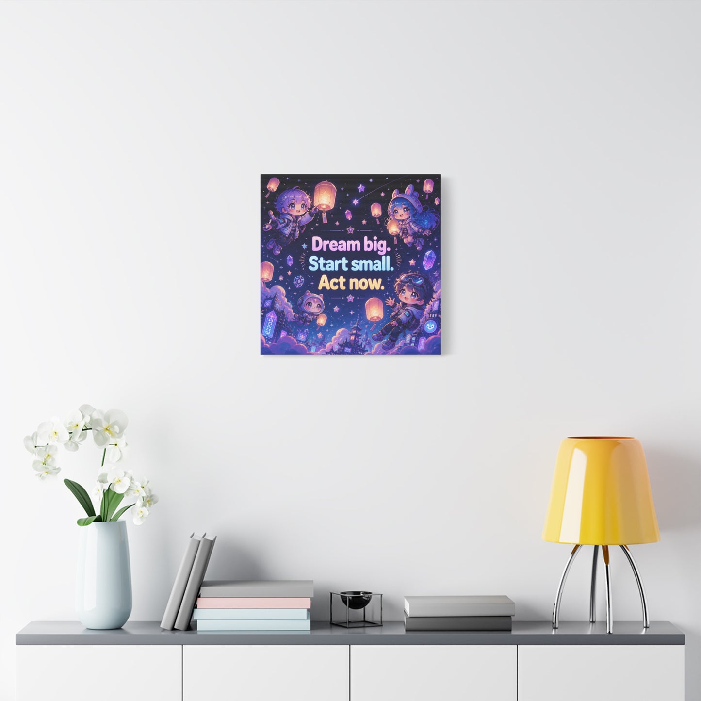"Dream Big. Start Small. Act Now." Inspirational Canvas Wall Art - Kawaii Space Kids, Star Lantern Night Sky Quote Print - Neon Purple Blue Decor, Bedroom Home Decoration, Teen Room Accent