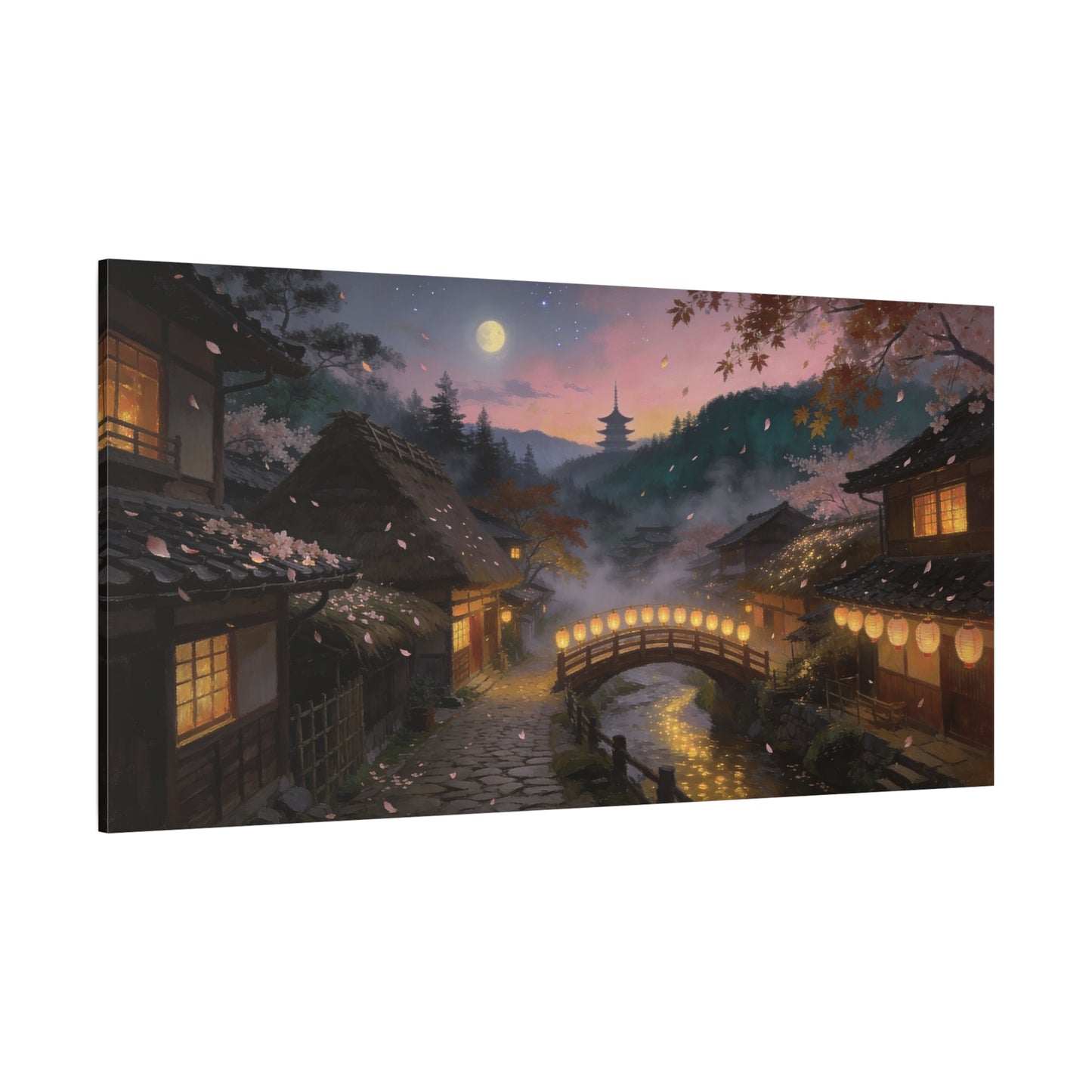 Japanese Village Moonlit Canvas Wall Art - Lantern Bridge, Cherry Blossom Petals, Pagoda Landscape - Matte Cotton Print - Traditional Style, Living Room Wall Decor, Bedroom Decoration - Ready to Hang