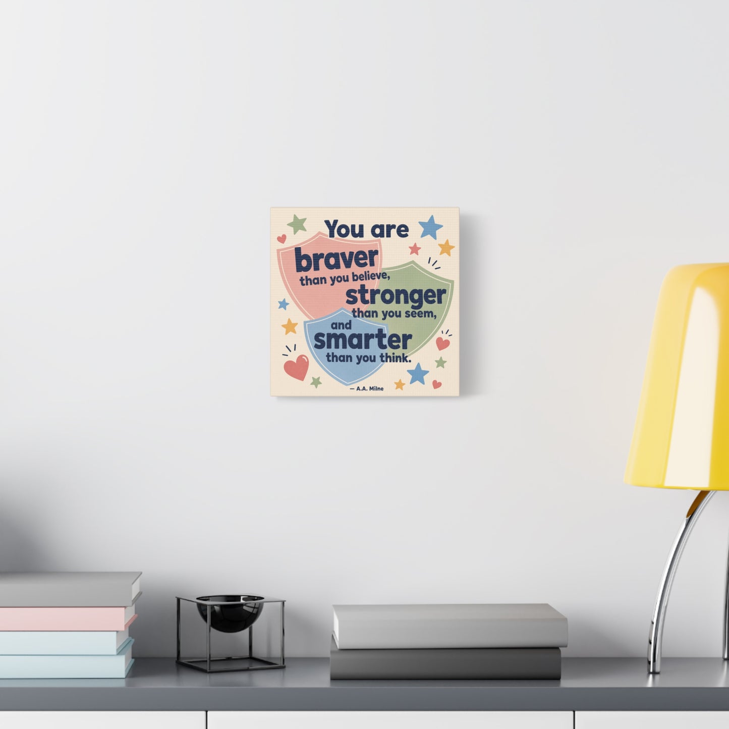 "You Are Braver, Stronger, Smarter" Quote Canvas Wall Art - Kids Inspirational Typography Print, Pastel Shield Stars Hearts Design - Nursery Bedroom Classroom Decor - Office Wall Art - Ready to Hang