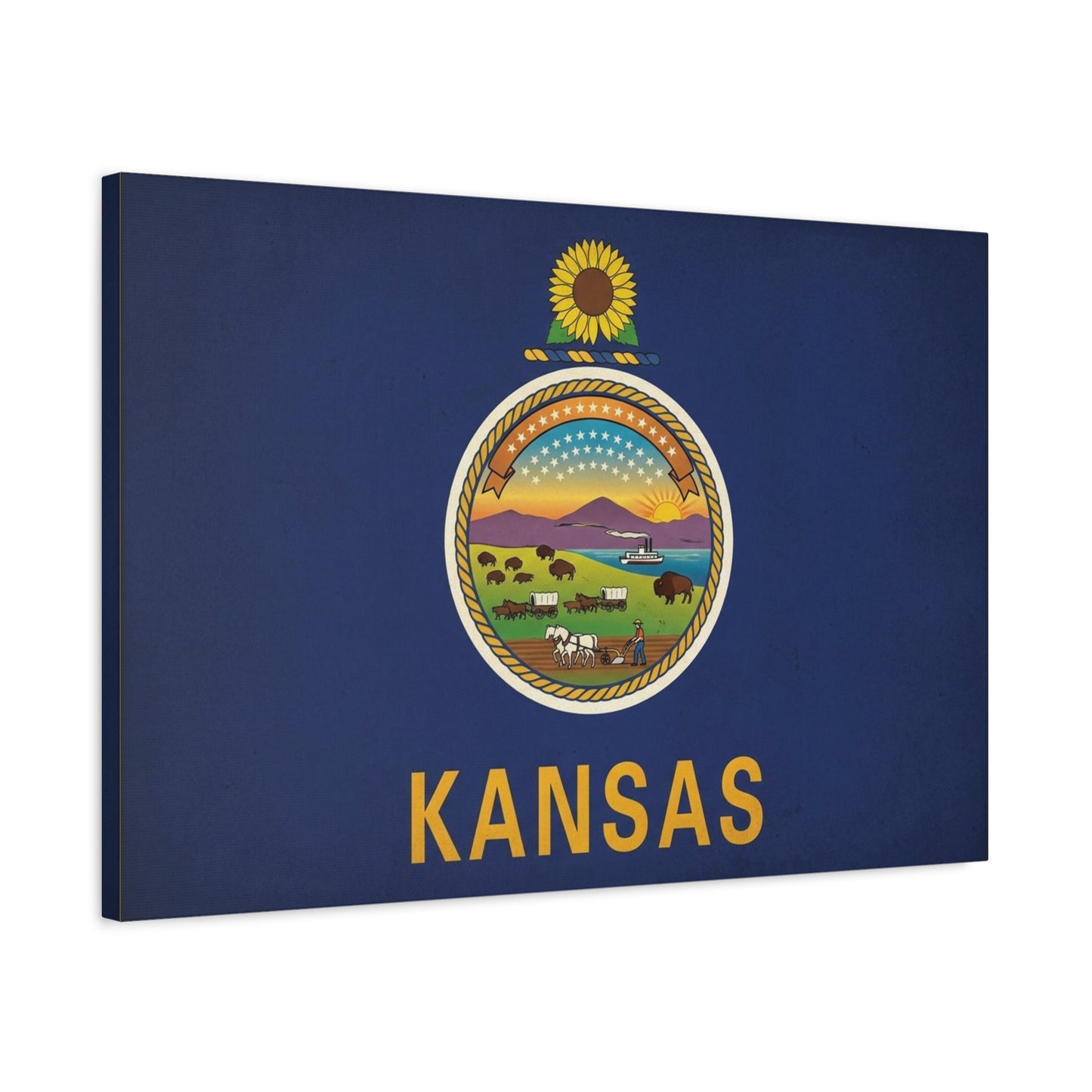 Kansas State Flag Canvas Wall Art - Sunflower Seal Prairie Buffalo Wagon Sunset Print - Vintage Blue Typography Decor - Living Room Wall Decor, Office Art, Dorm Accent - Bedroom Home Decoration