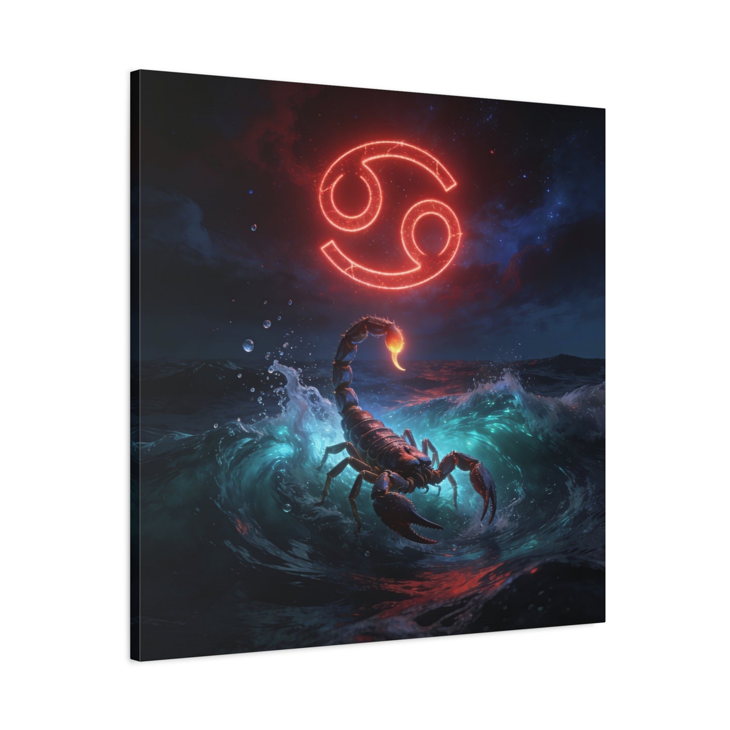 Cancer Zodiac Canvas Wall Art - Neon Crab Ocean Astrology Print, Celestial Night Seascape, Matte Canvas Decor, Bedroom Home Decoration, Living Room Wall Decor, Modern Space Style - Ready to Hang