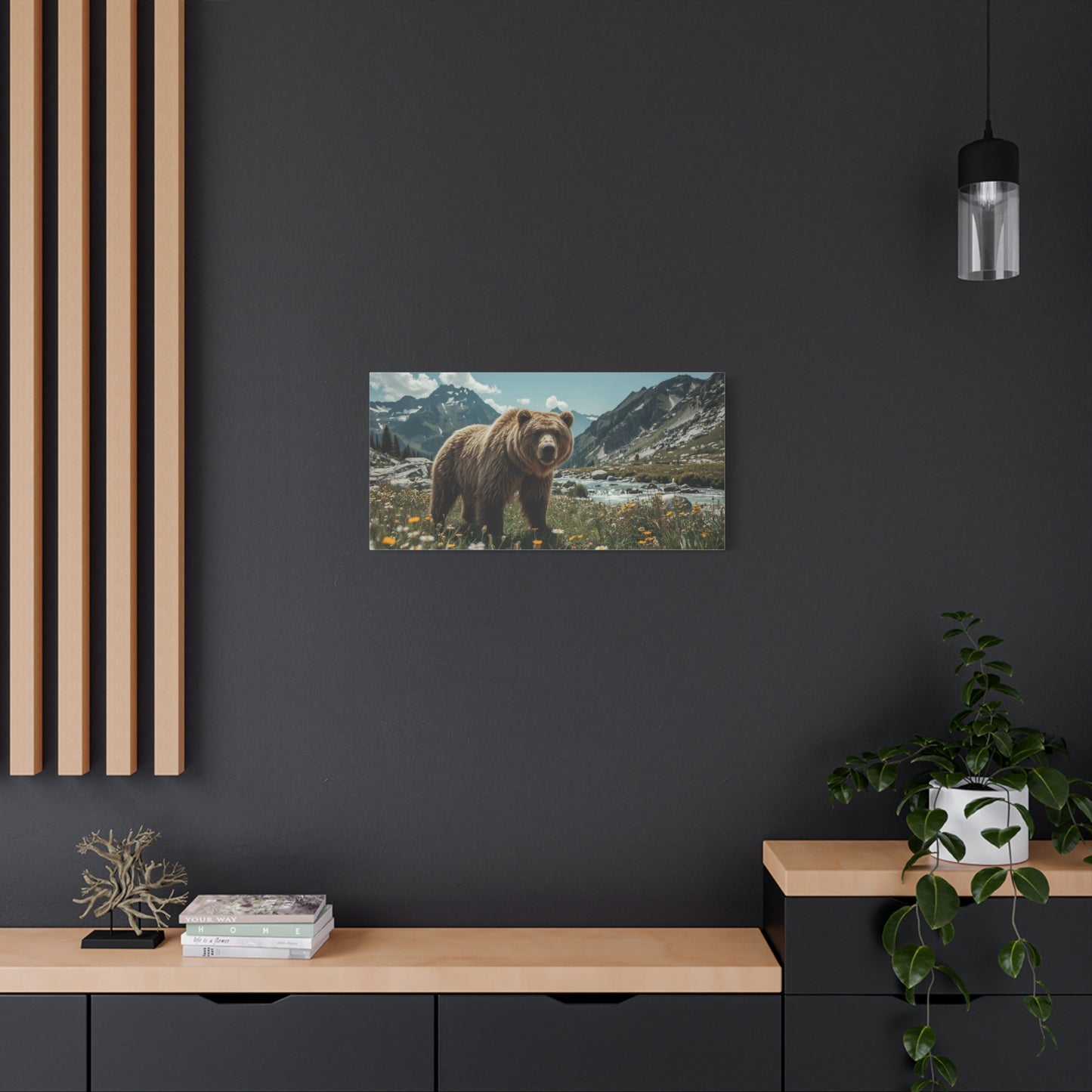 Grizzly Bear Canvas Wall Art - Alpine Mountain Meadow Wildlife Art Print - Rustic Nature Decor, Cotton Canvas - Living Room Wall Decor, Lodge Bedroom Home Decoration - Bedroom Home Decoration