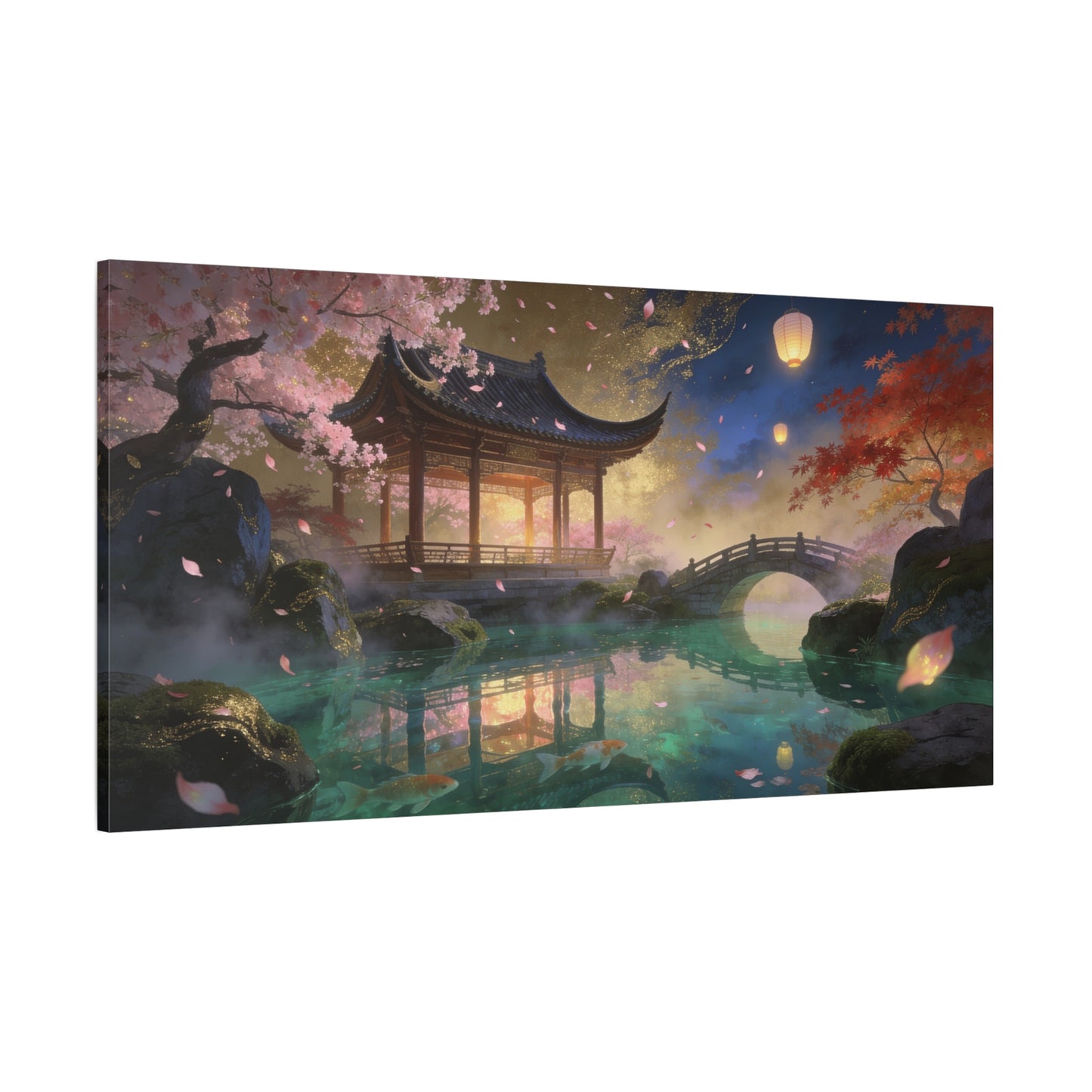 Japanese Garden Pavilion Canvas Wall Art - Cherry Blossom Pond, Lantern Night, Arched Bridge - Serene Traditional Landscape - Living Room Wall Decor, Bedroom Home Decoration - Bedroom Home Decoration