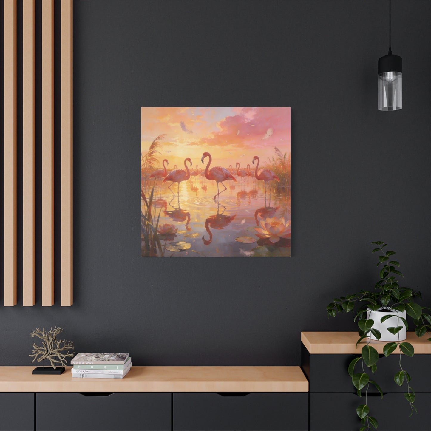 Pink Flamingo Canvas Wall Art - Sunset Wetland Birds, Lotus Pond Reflections - Dreamy Tropical Illustration, Matte Canvas Print - Living Room Wall Decor, Bedroom Home Decoration - Ready to Hang