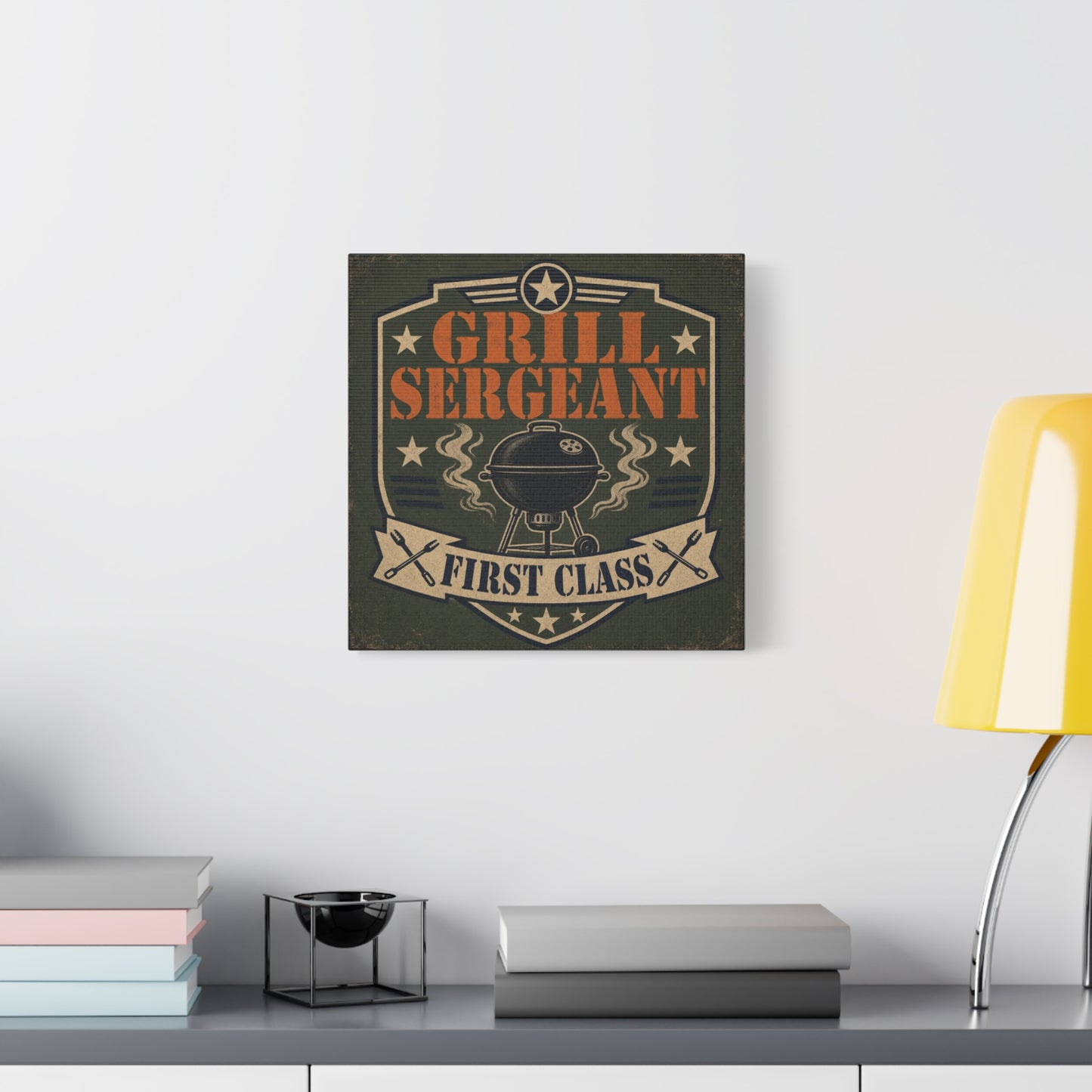 "Grill Sergeant First Class" BBQ Canvas Wall Art - Vintage Grill Badge Sign, Rustic Patriotic Kitchen Decor, Retro Barbecue Poster Style, Man Cave Wall Decor - Ready to Hang - Bedroom Home Decoration