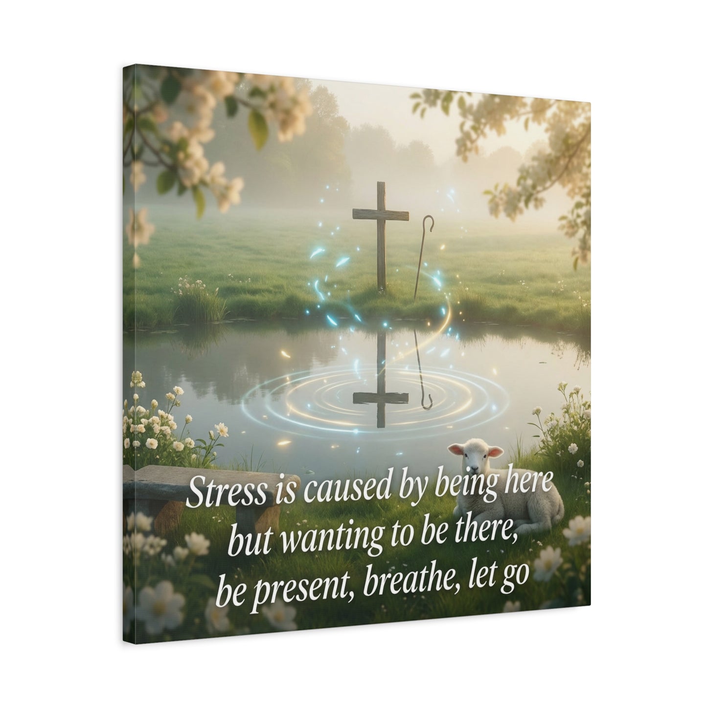 "Stress is caused by being here but wanting to be there, be present, breathe, let go" Cross Canvas Wall Art - Christian Inspirational Pond Scene - Traditional Style - Bedroom Wall Decor