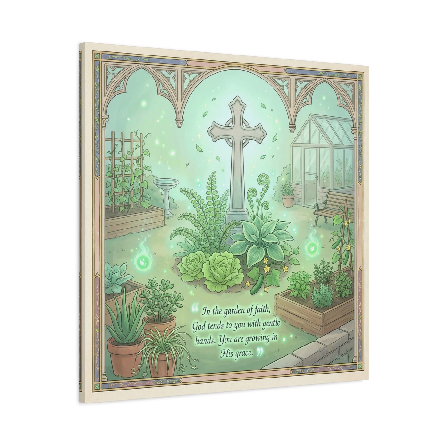 "In The Garden Of Faith" Christian Canvas Wall Art - Cross Garden Quote Print - Botanical Scripture Decor, Matte Cotton Canvas - Traditional Religious Wall Decor For Bedroom Office - Ready to Hang