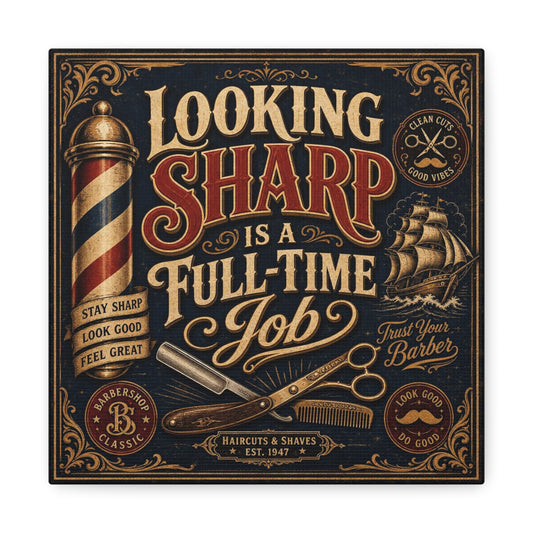 "Looking Sharp Is A Full-Time Job" Barber Shop Canvas Wall Art - Vintage Typography Salon Decor, Razor Scissors Pole Illustration, Barbershop Workspace Wall Decor, Rustic Office Art - Ready to Hang