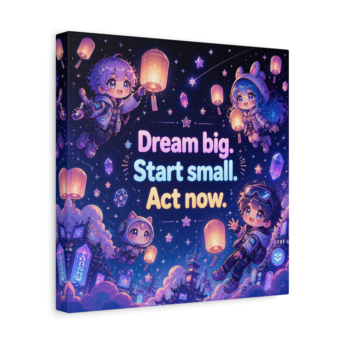"Dream Big. Start Small. Act Now." Inspirational Canvas Wall Art - Kawaii Space Kids, Star Lantern Night Sky Quote Print - Neon Purple Blue Decor, Bedroom Home Decoration, Teen Room Accent