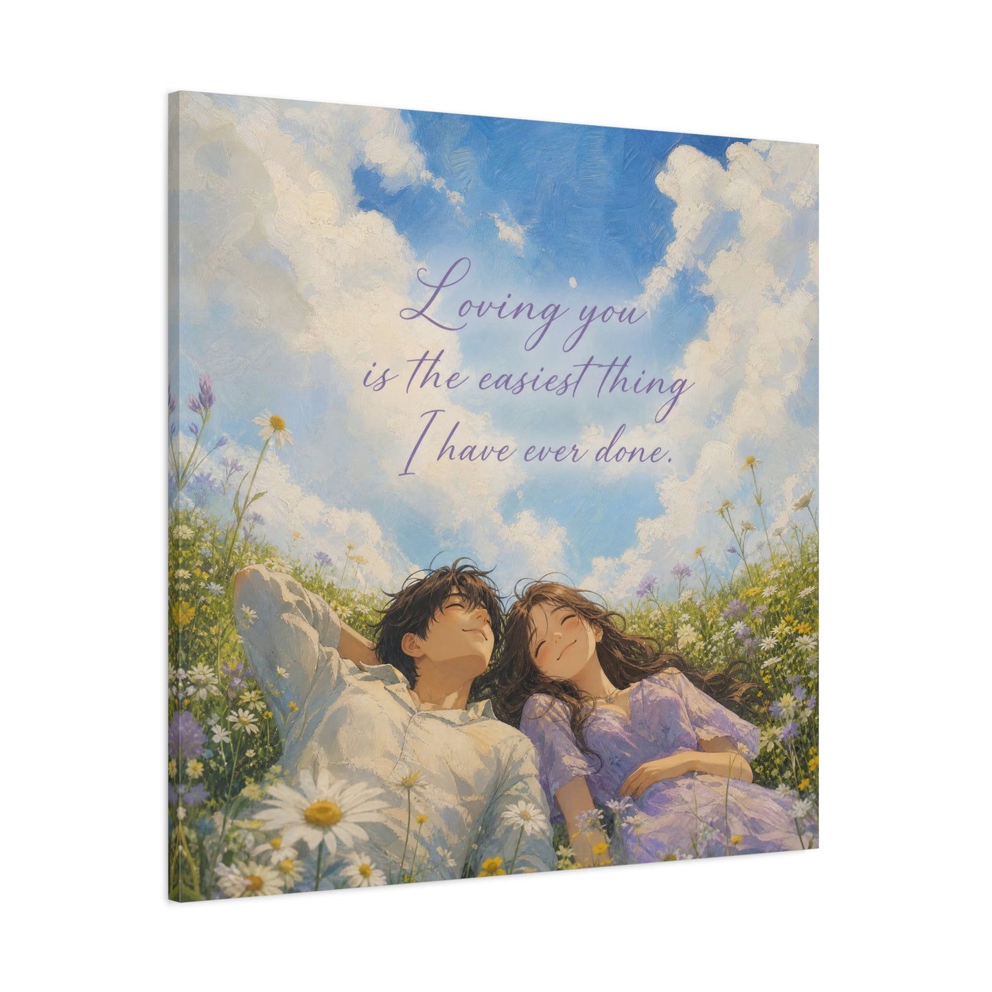 "Loving You Is The Easiest Thing I Have Ever Done." Canvas Wall Art - Romantic Couple In Wildflower Meadow Sky Quote Print - Dreamy Pastel Illustration - Ready to Hang - Living Room Wall Decor