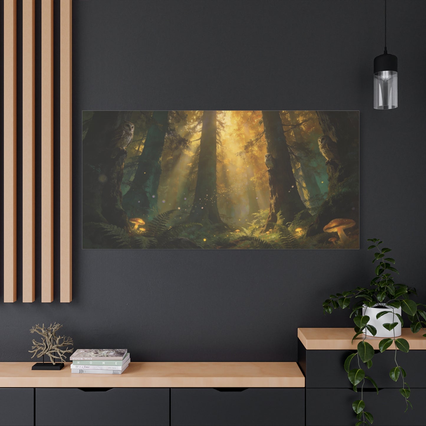 Owl Forest Canvas Wall Art - Sunbeams, Mushrooms, Fern Woodland Scene - Matte Cotton Print - Mystical Nature Style - Living Room Wall Decor, Bedroom Home Decoration - Bedroom Home Decoration