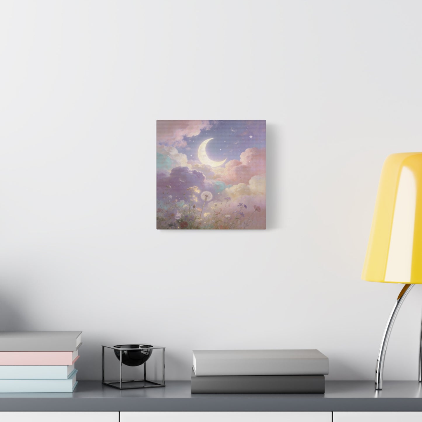 Crescent Moon Canvas Art Print - Dreamy Pastel Clouds, Dandelion Sky, Celestial Floral Scene - Cotton Matte Artwork - Lavender Nursery Accent, Bedroom Decoration, Meditation Space Decor