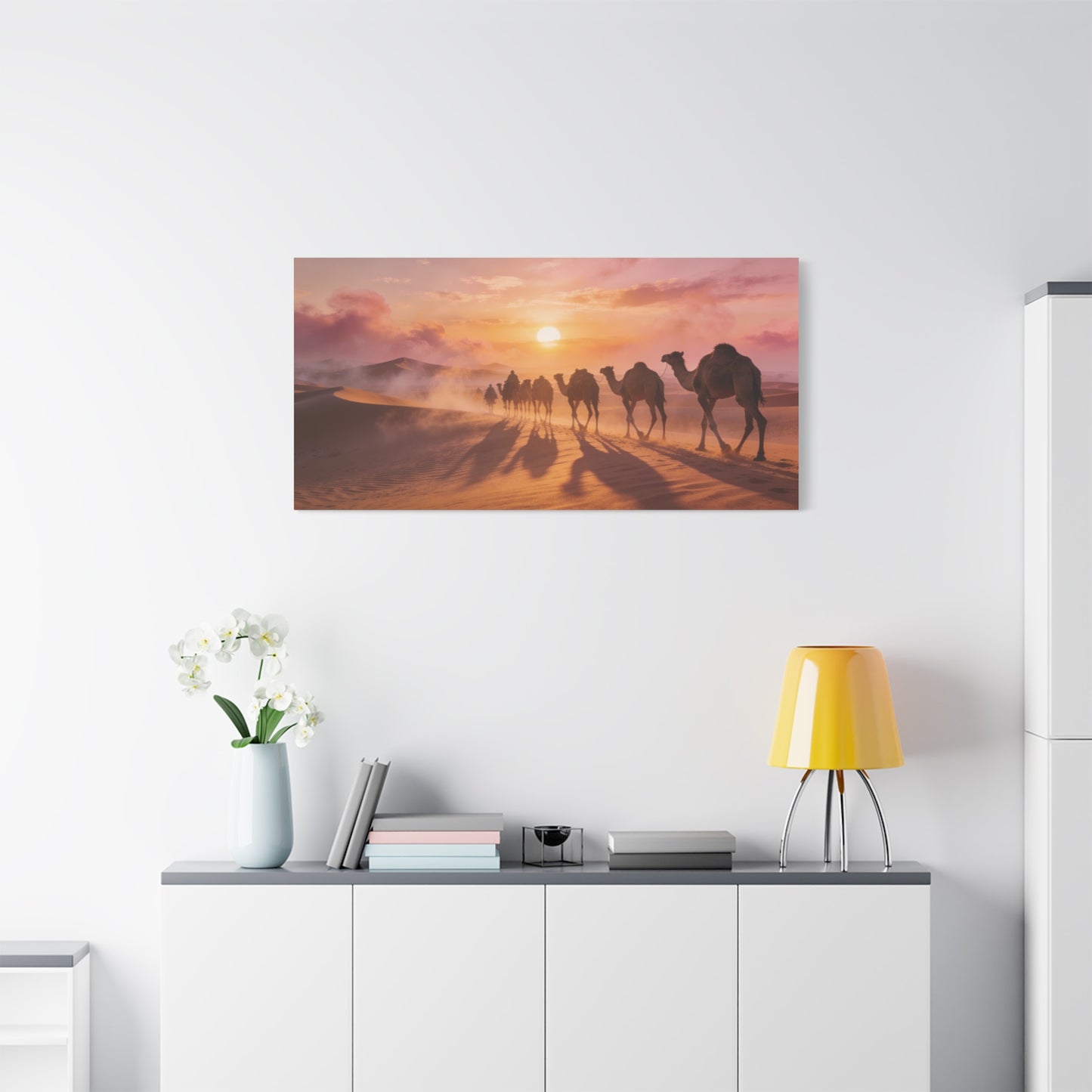 Desert Camel Caravan Canvas Wall Art - Sunset Sand Dunes, Golden Horizon, Matte Finish Canvas Print - Contemporary Landscape Style - Living Room Wall Decor, Bedroom Home Decoration - Ready to Hang