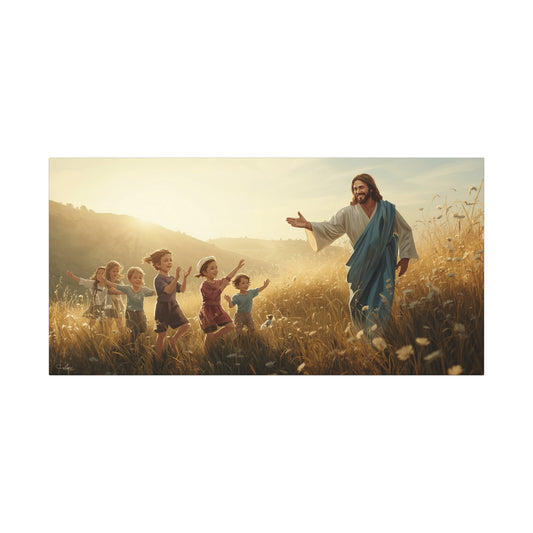 Jesus Christ With Children Canvas Wall Art - Golden Meadow Christian Print - Matte Cotton Ready to Hang - Traditional Religious Decor for Living Room, Bedroom, Nursery, Office - Living Room Wall Decor