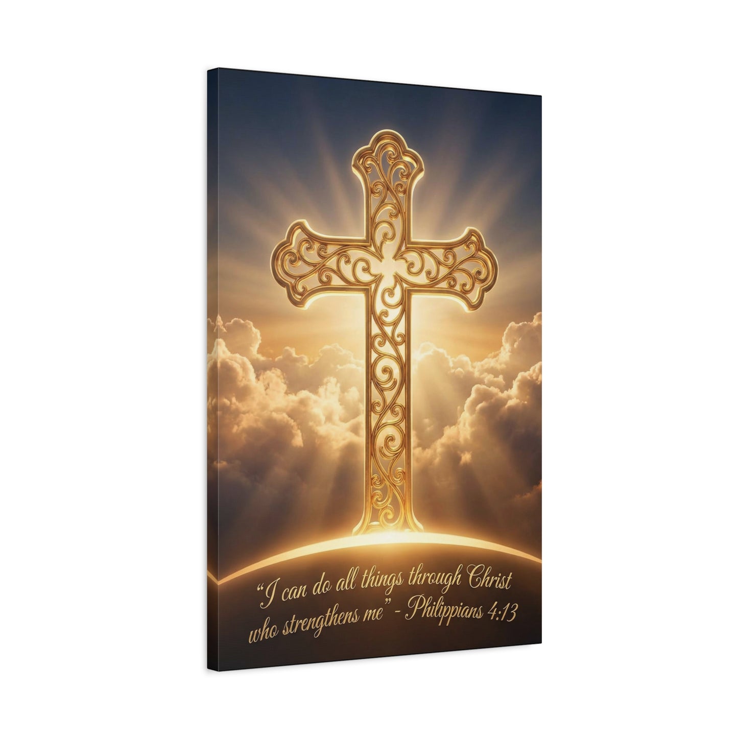 "I Can Do All Things Through Christ Who Strengthens Me" Cross Canvas Wall Art - Philippians 4:13 Scripture Decor, Golden Clouds Christian Wall Hanging, Bedroom Living Room - Bedroom Home Decoration