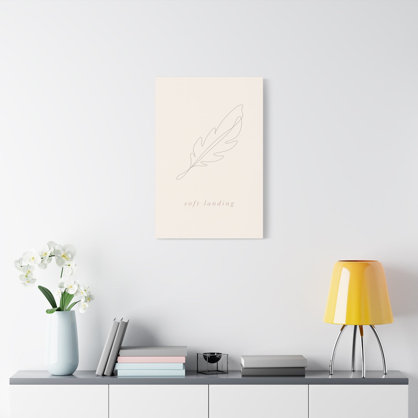 "Soft Landing" Feather Canvas Wall Art - Minimalist Line Drawing, Neutral Beige Cotton Print - Contemporary Bedroom Wall Decor, Nursery Home Decoration, Calming Office Accent - Bedroom Home Decoration