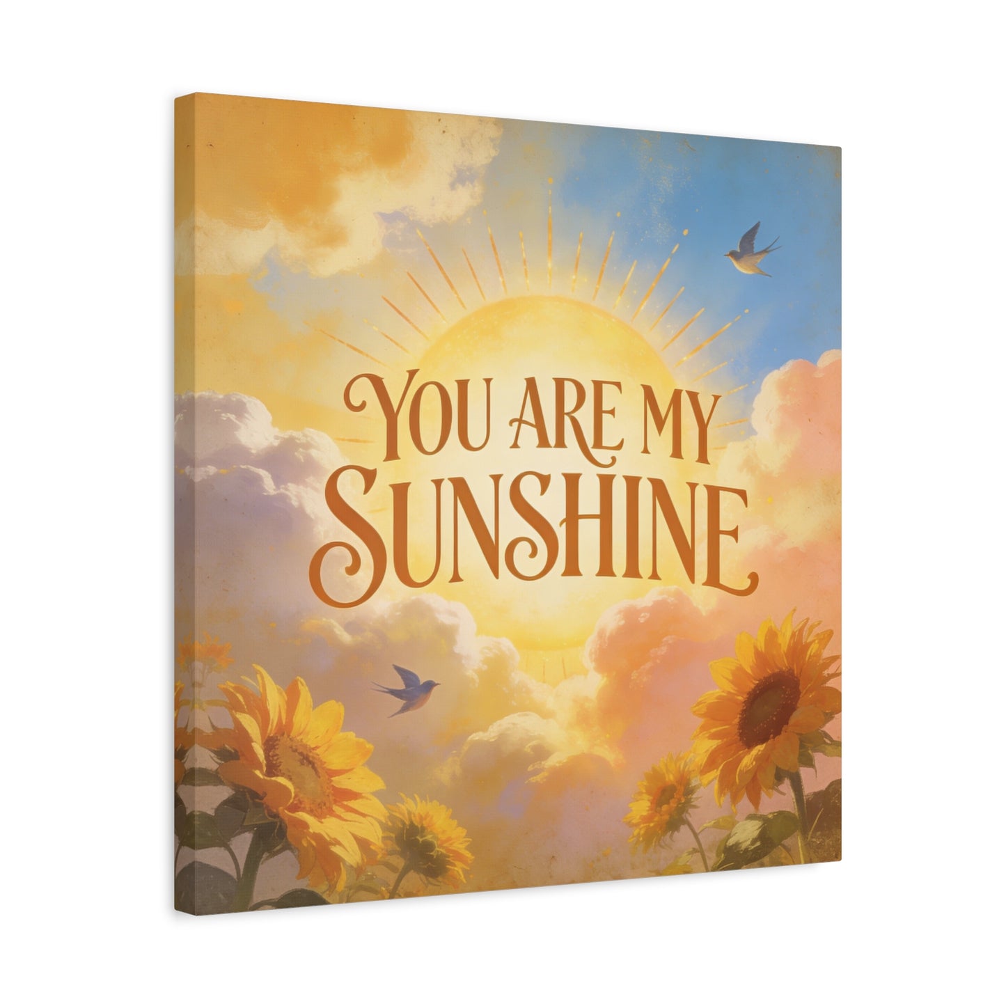 "You Are My Sunshine" Sunflower Canvas Wall Art - Vintage Typography Sky, Birds - Inspirational Farmhouse Style - Living Room Wall Decor, Bedroom Home Decoration, Office Art Accent - Ready to Hang