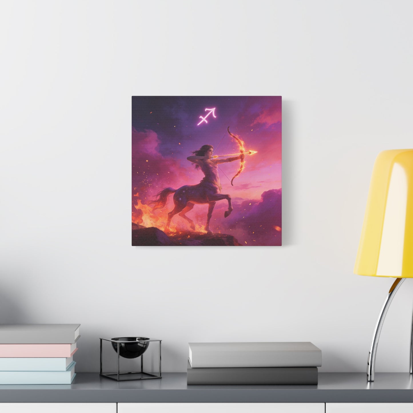 Sagittarius Centaur Archer Canvas Wall Art - Zodiac Fantasy Fire Bow Illustration - Purple Pink Matte Canvas Print - Bedroom Home Decoration, Living Room Wall Decor, Celestial Decor - Ready to Hang