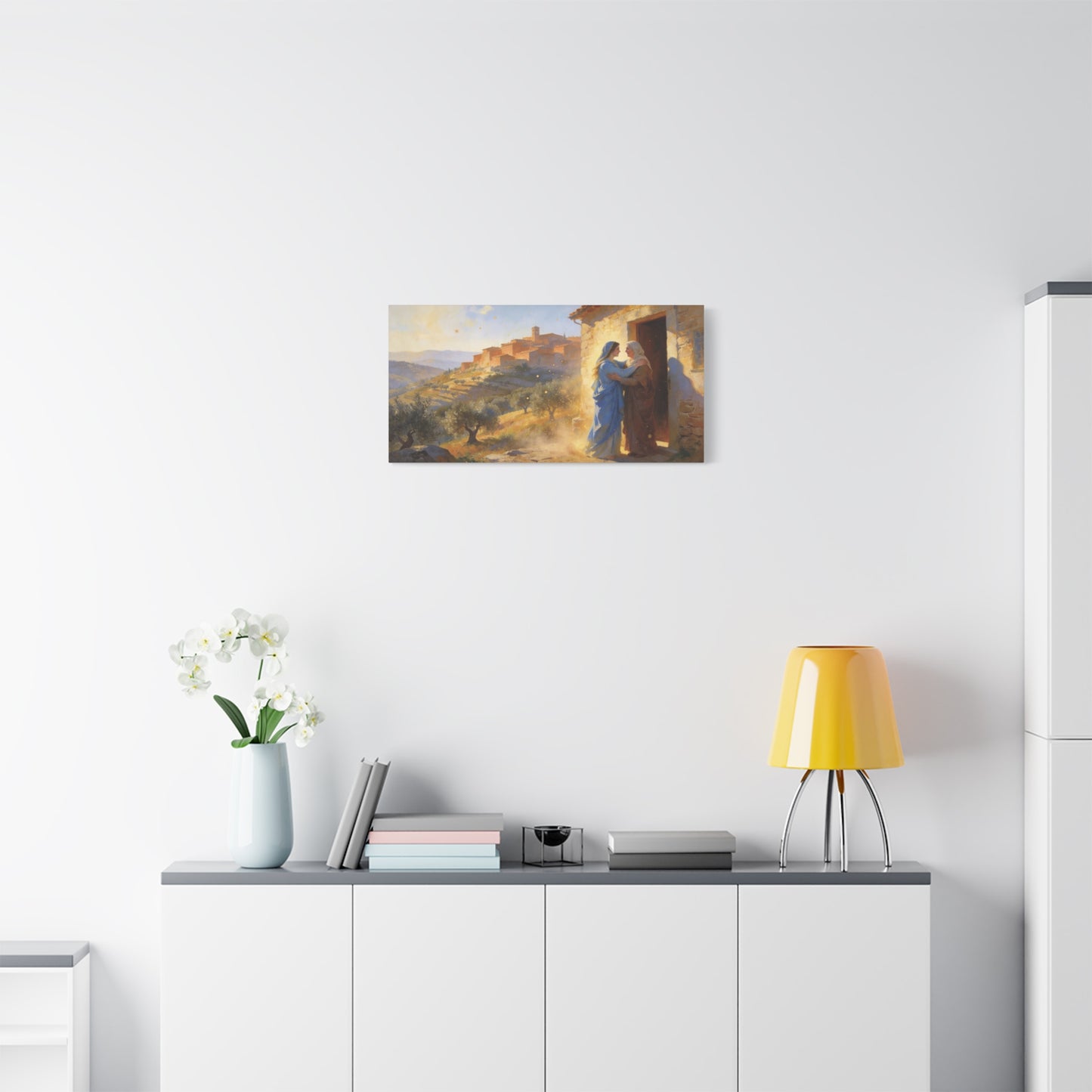 Virgin Mary Visitation Canvas Wall Art - Religious Biblical Village Scene, Golden Light Painting - Christian Home Decor, Traditional Style - Living Room Wall Decor Bedroom Decoration - Ready to Hang