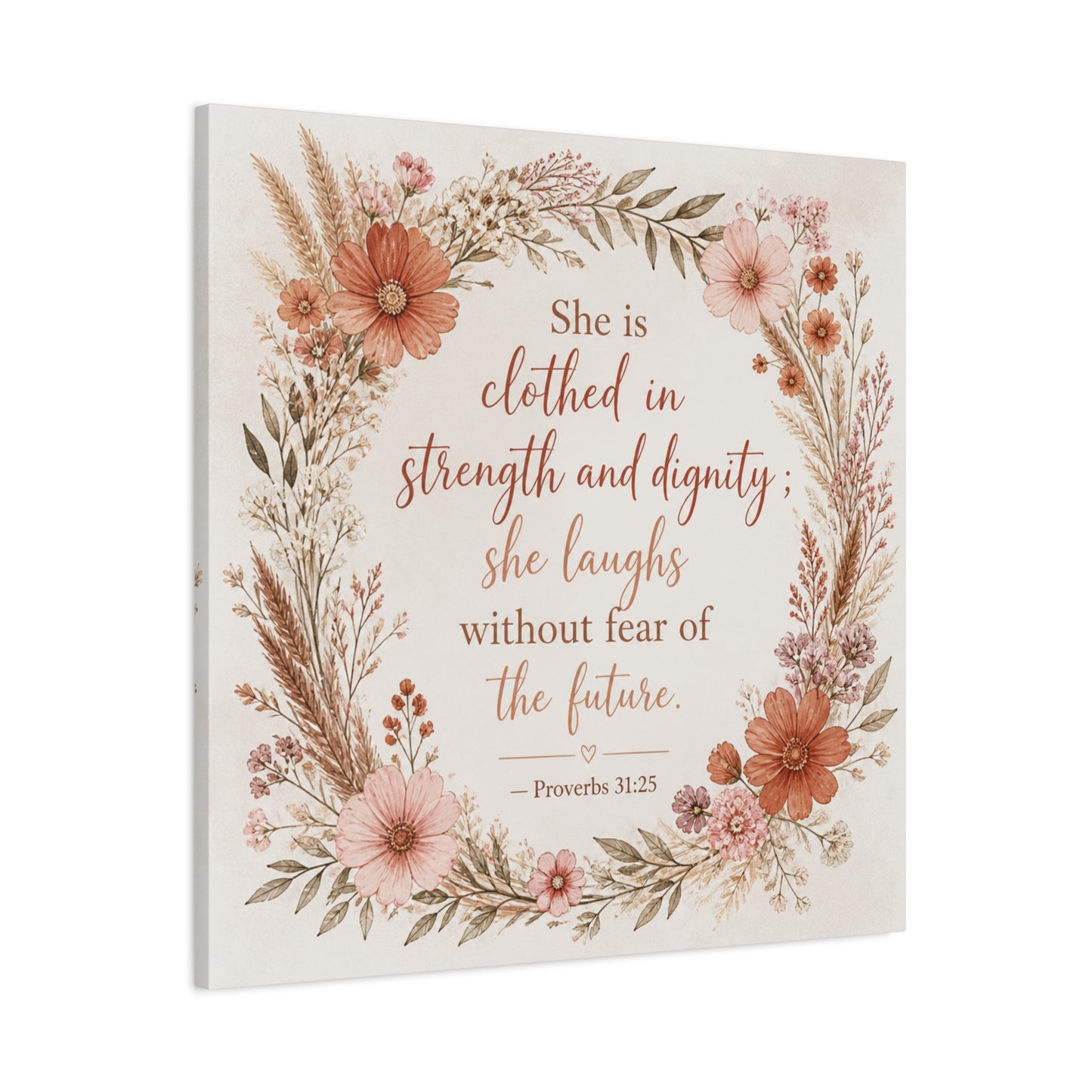 "She Is Clothed In Strength And Dignity" Floral Canvas Wall Art - Proverbs 31:25 Scripture Quote, Blush Wildflower Wreath, Farmhouse Style, Bedroom Wall Decor - Bedroom Home Decoration - Ready to Hang