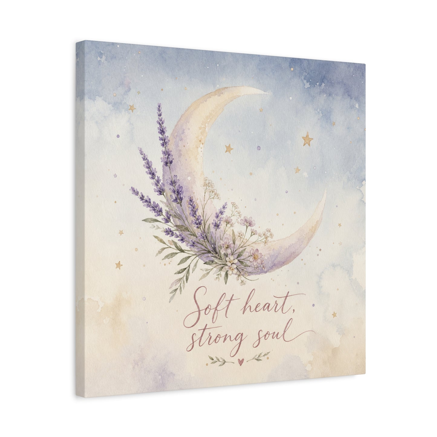 "Soft Heart, Strong Soul" Moon Canvas Wall Art - Lavender Floral Celestial Quote Print - Watercolor Nursery Bedroom Decor - Bohemian Home Decoration - Office Wall Art - Bedroom Home Decoration