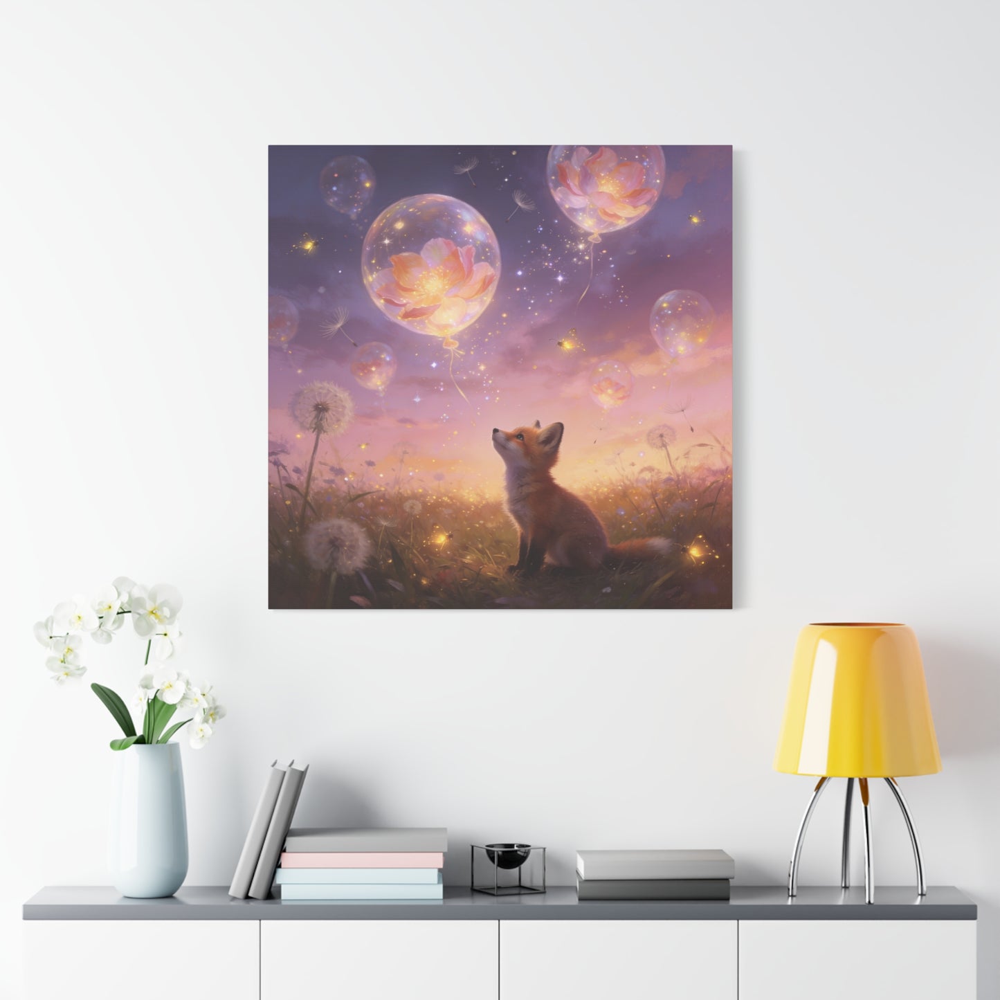 Fox Canvas Wall Art - Whimsical Fox Under Floral Balloons, Dreamy Twilight Meadow Canvas Print - Pastel Fantasy Style, Living Room Wall Decor, Bedroom Home Decoration - Bedroom Home Decoration